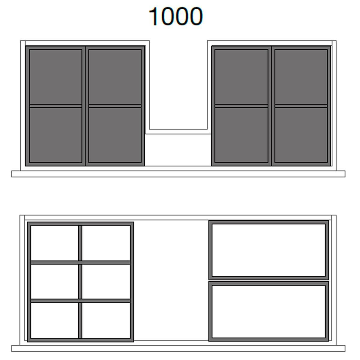 Zwei architektonische Aufrissdiagramme, die eine 1000er breite Öffnung mit zwei Fensteranordnungen zeigen: oben befinden sich gepaarte doppelte Flügelfenster, die durch eine zentrale Ausnehmung getrennt sind; unten befindet sich ein mehrteiliges Fenster neben einem zweiteiligen Fenster.