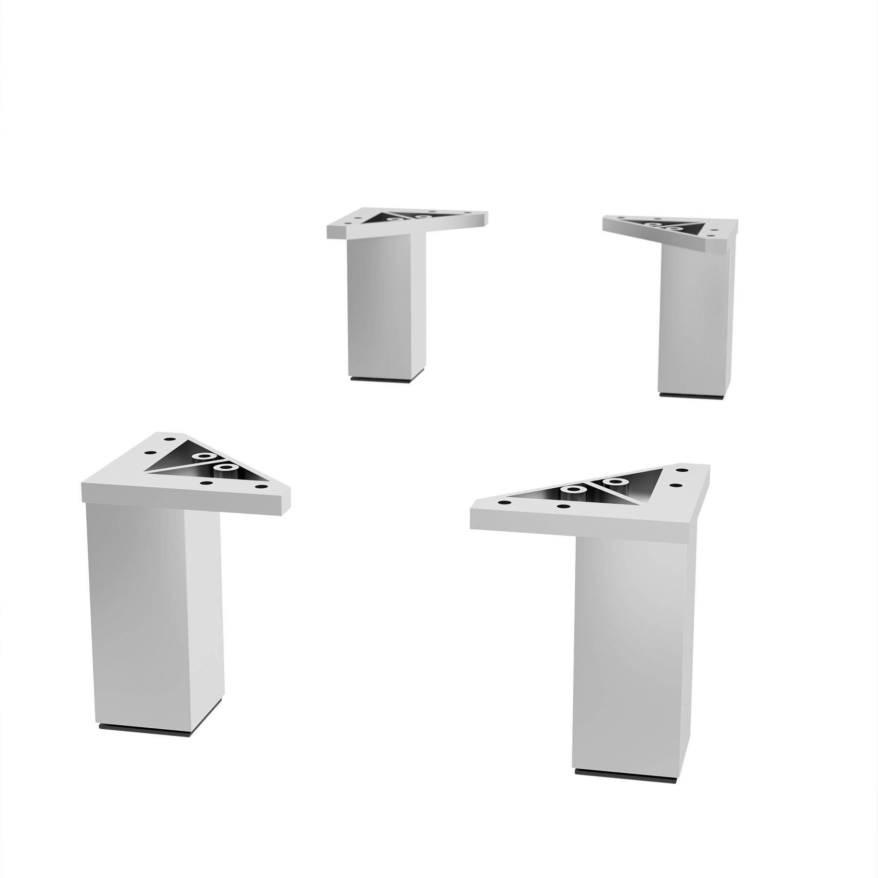 Vier weiße, L-förmige Postamente mit schwarzen Oberflächen, einzeln auf einem weißen Hintergrund angeordnet, jeweils in unterschiedlichen Richtungen ausgerichtet.