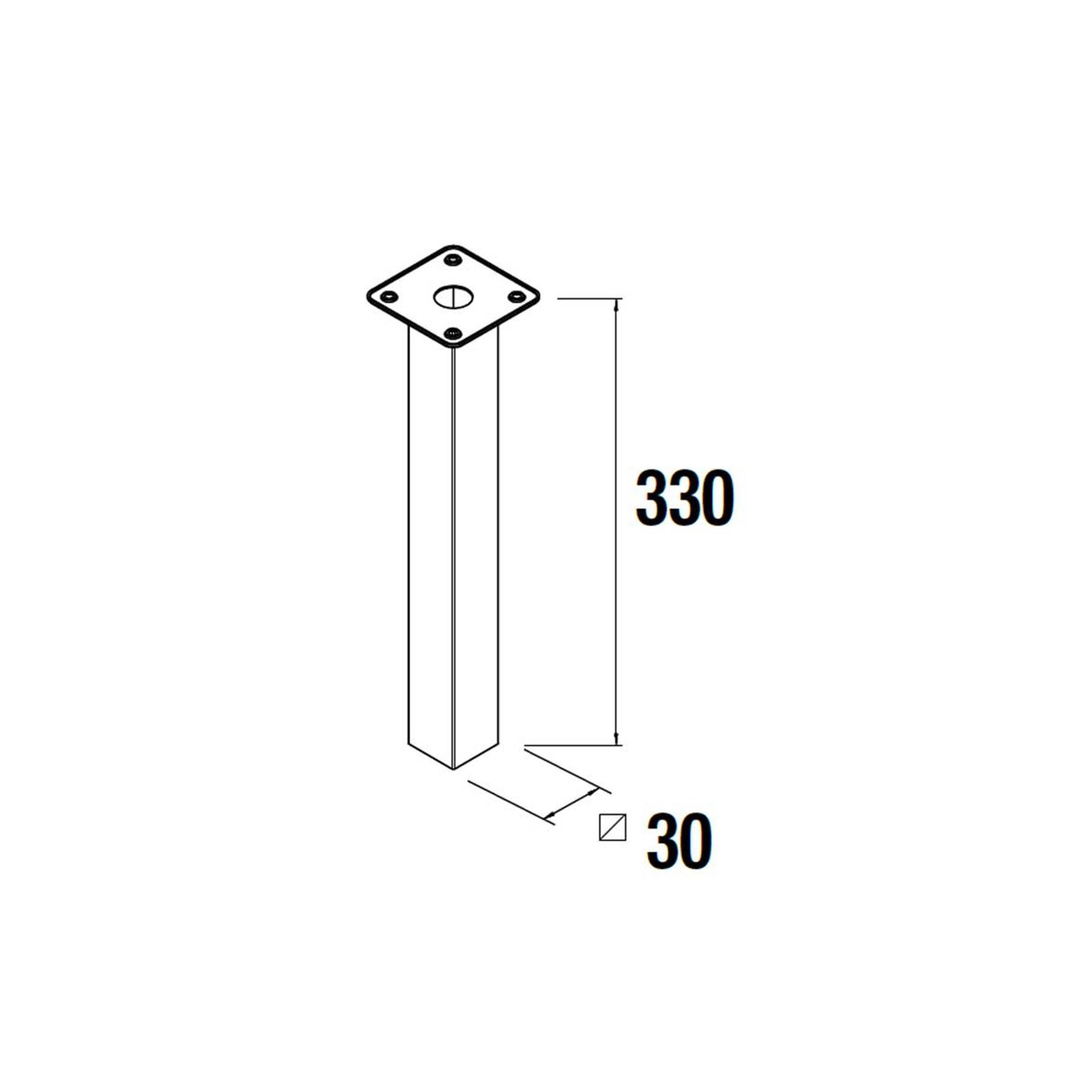 Eine technische Zeichnung eines rechteckigen Metallpfostens mit einer Platte an der Oberseite; Abmessungen sind 330 mm Höhe und 30 mm Breite.