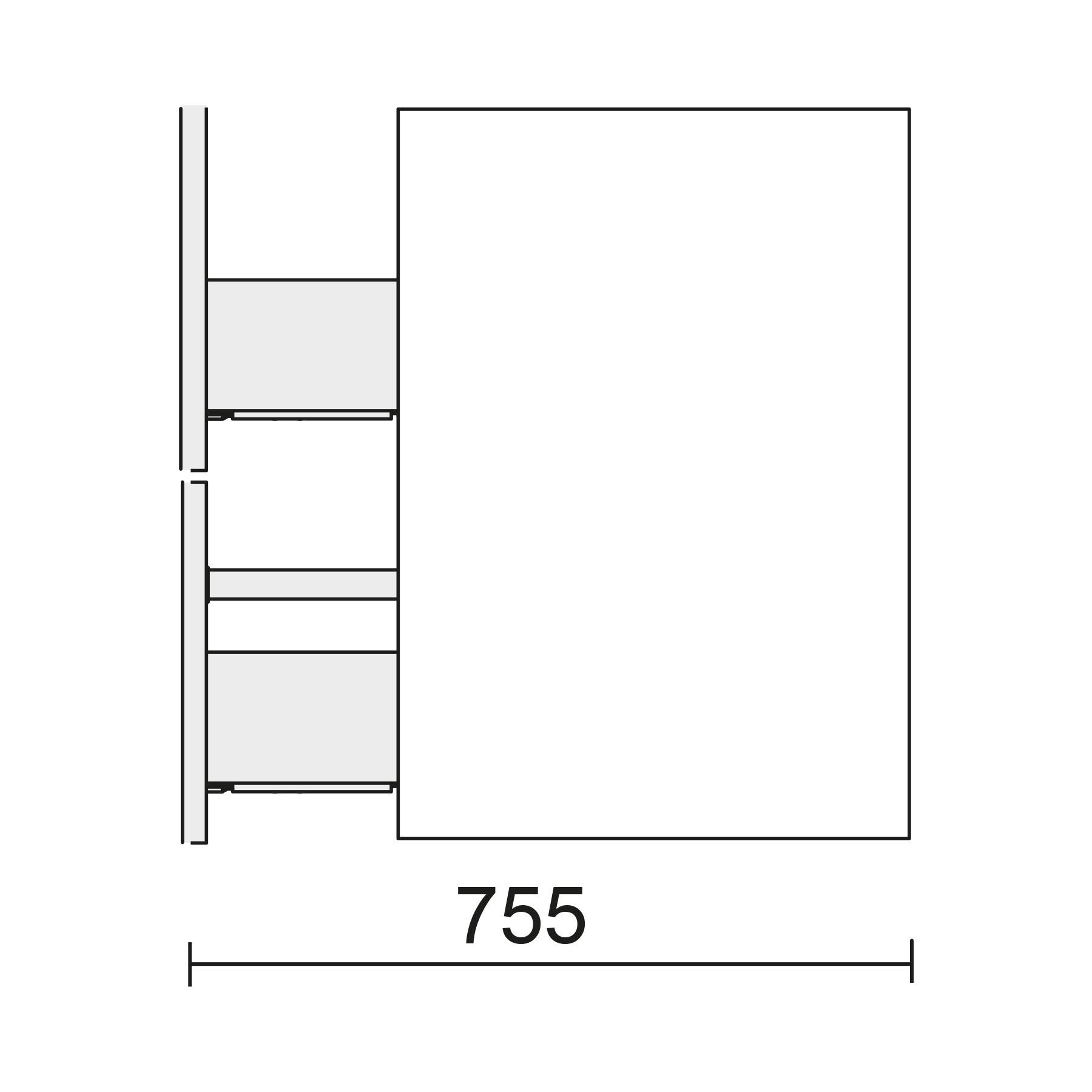 Top-Down-Diagramm, das einen Tisch mit überhängendem Rand zeigt, der 755 Einheiten breit ist. Zwei Halterungen sind darunter positioniert.