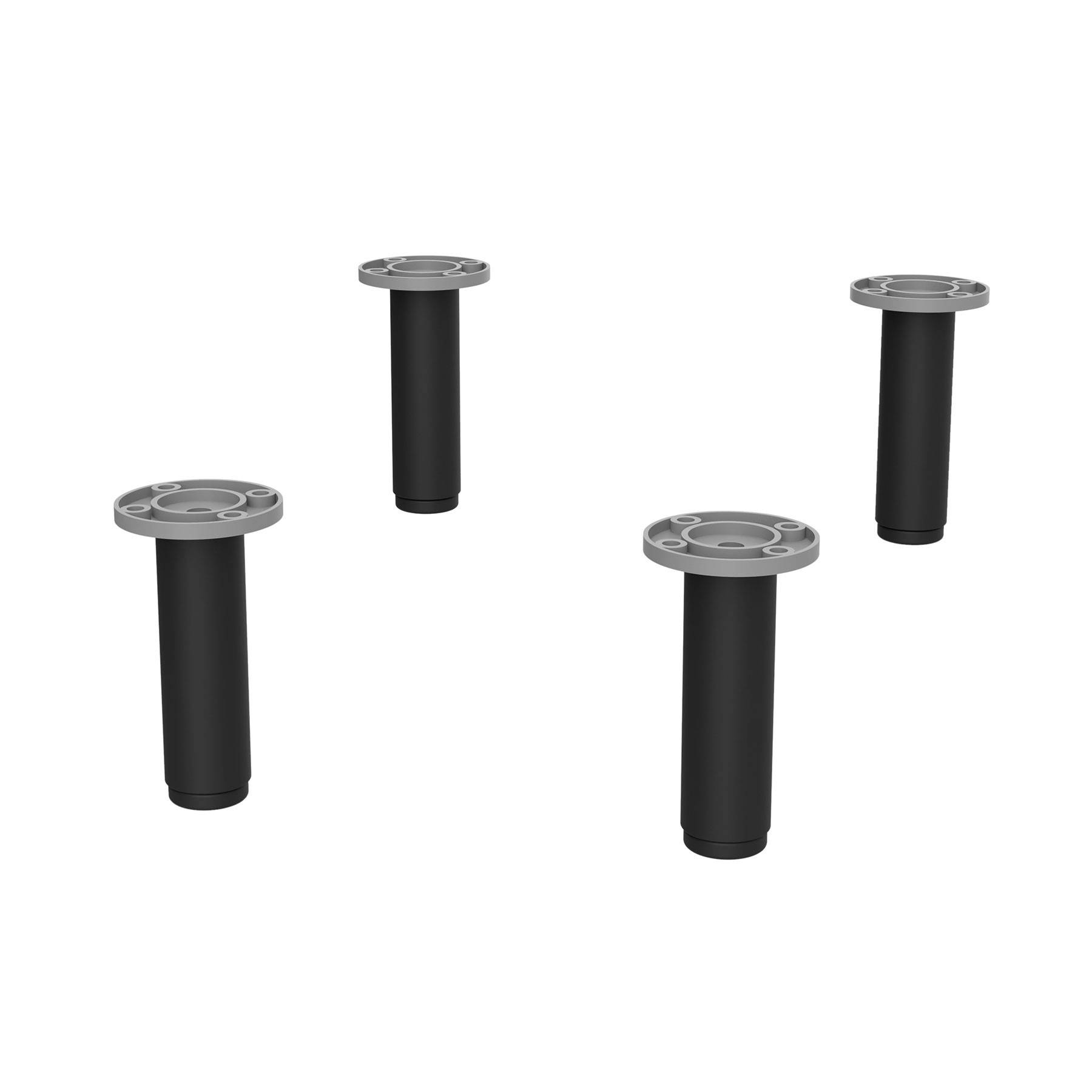 Vier schwarze und silberne zylindrische Tischbeine, auf einem weißen Hintergrund verteilt, die Komponenten für eine Montage anzeigen.