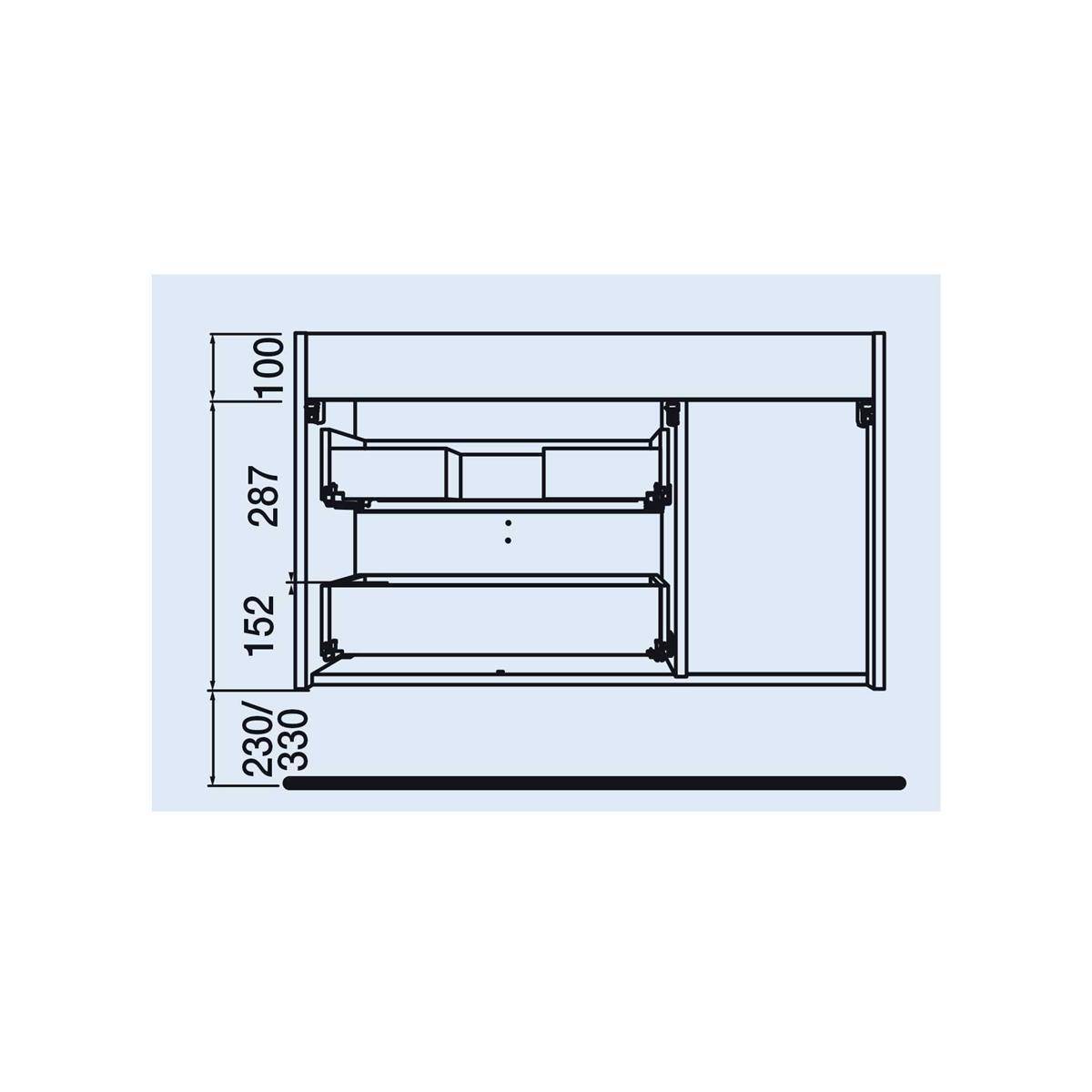 Technische Zeichnung einer Schrank- oder Gerätefrontalansicht mit inneren Regalfächern und beschrifteten Abmessungen von 100, 287, 152 und 230/330 mm.