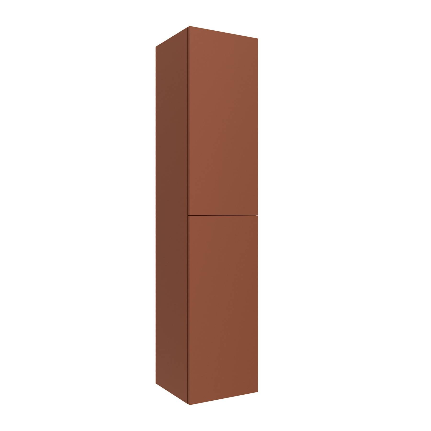Hoher, geschlossener brauner Schrank mit zwei Abteilen, geeignet für Lagerzwecke.