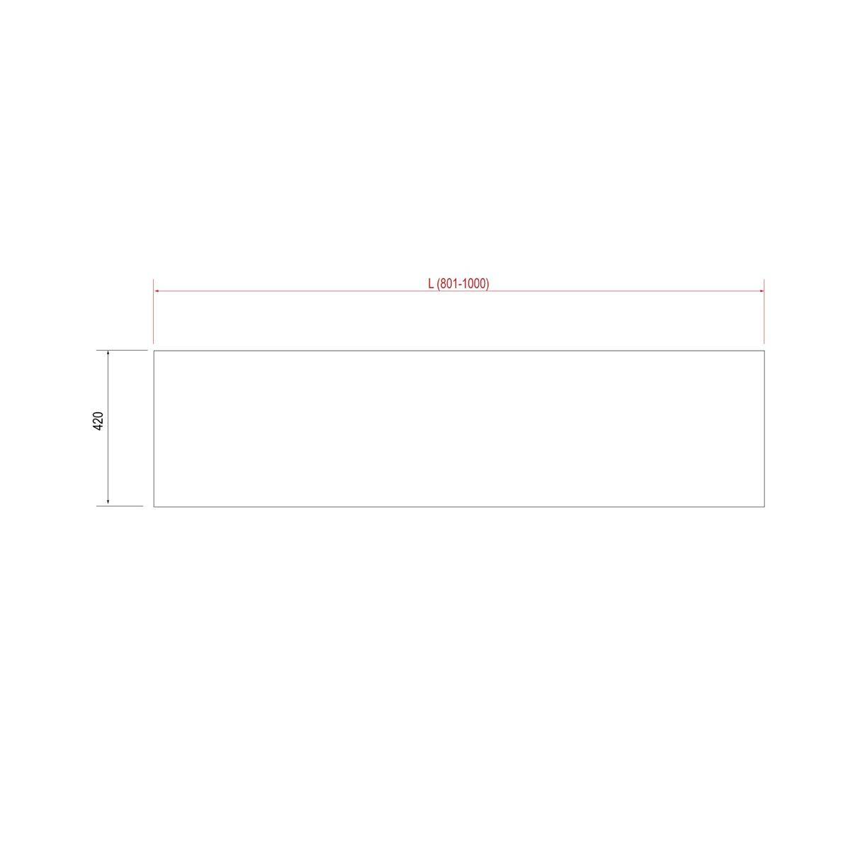 Technisches Abmessungsdiagramm eines Rechtecks mit der Beschriftung L (801-1000) oben und 420 auf der linken Seite, das Breiten- und Höhenmessungen zeigt.
