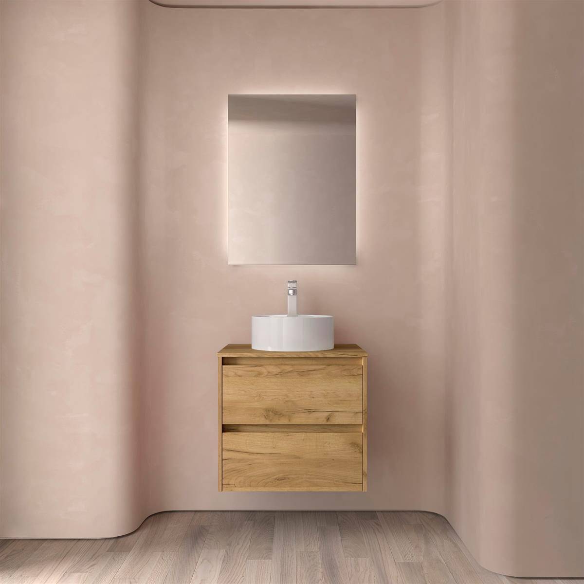 Minimalistisches modernes Badezimmer-Waschtisch mit an der Wand montiertem Holzschrank, rundem weißem Waschbecken und rechteckigem Spiegel gegen sanfte beige Wände.