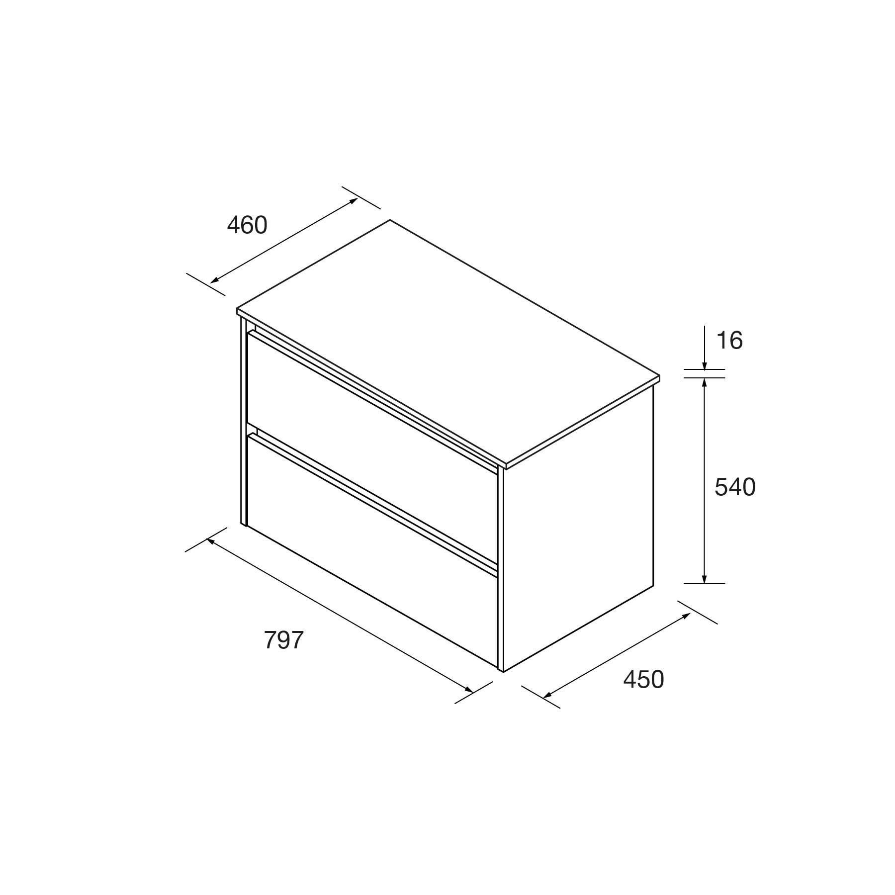Technische Zeichnung einer rechteckigen Schubladeneinheit mit Maßen: Breite 797 mm, Tiefe 450 mm, Höhe 540 mm, Deckplatte 16 mm dick.