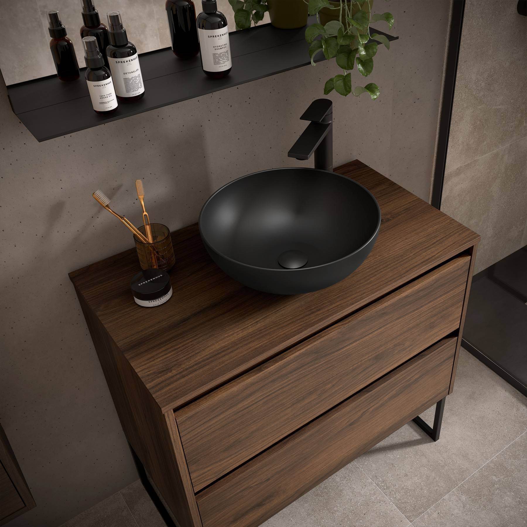 Ein modernes Badezimmer-Waschtisch mit einem dunklen runden Waschbecken, schwarzer Armatur, Holzschubladen und einem Regal mit Toilettenartikeln. Eine grüne Pflanze über dem Waschtisch.