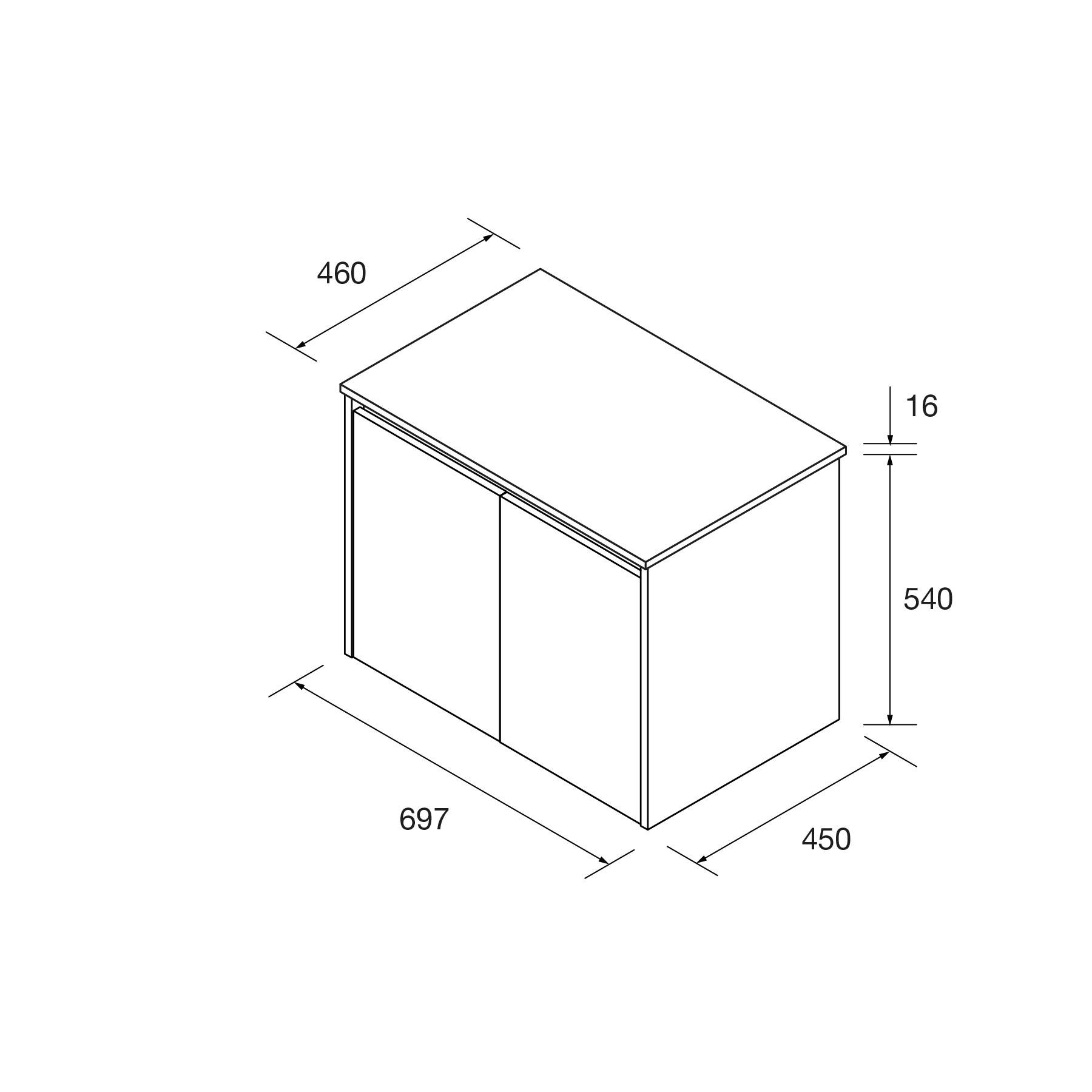 Eine Linienzeichnung eines rechteckigen Schranks mit Abmessungen: Breite 697 mm, Tiefe 450 mm, Höhe 540 mm. Die Deckplatte ist 16 mm dick.