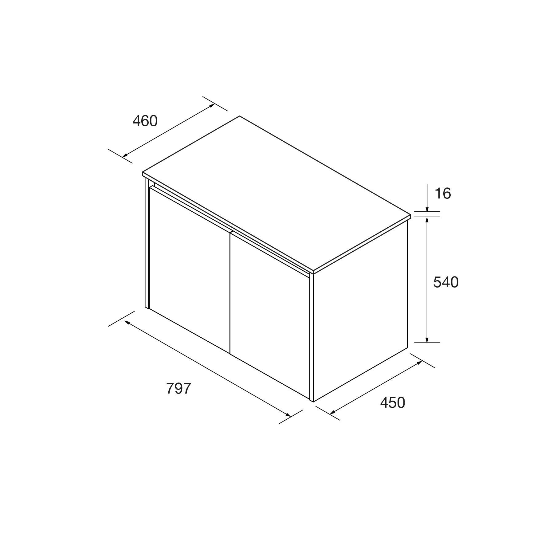 Schrank-Diagramm mit Maßen: Breite 797 mm, Tiefe 450 mm, Höhe 540 mm; Dicke der Deckplatte 16 mm; Seitenansicht Tiefe 460 mm.