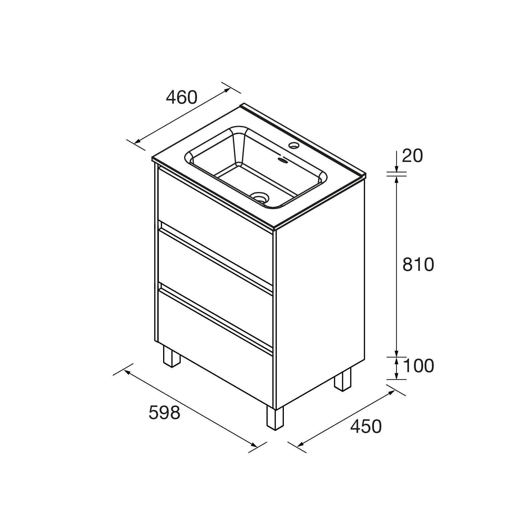 Diagramm eines Badezimmer-Waschtischs mit Waschbecken. Abmessungen: Höhe 810 mm, Breite 598 mm, Tiefe 450 mm. Ausgestattet mit zwei Schubladen.
