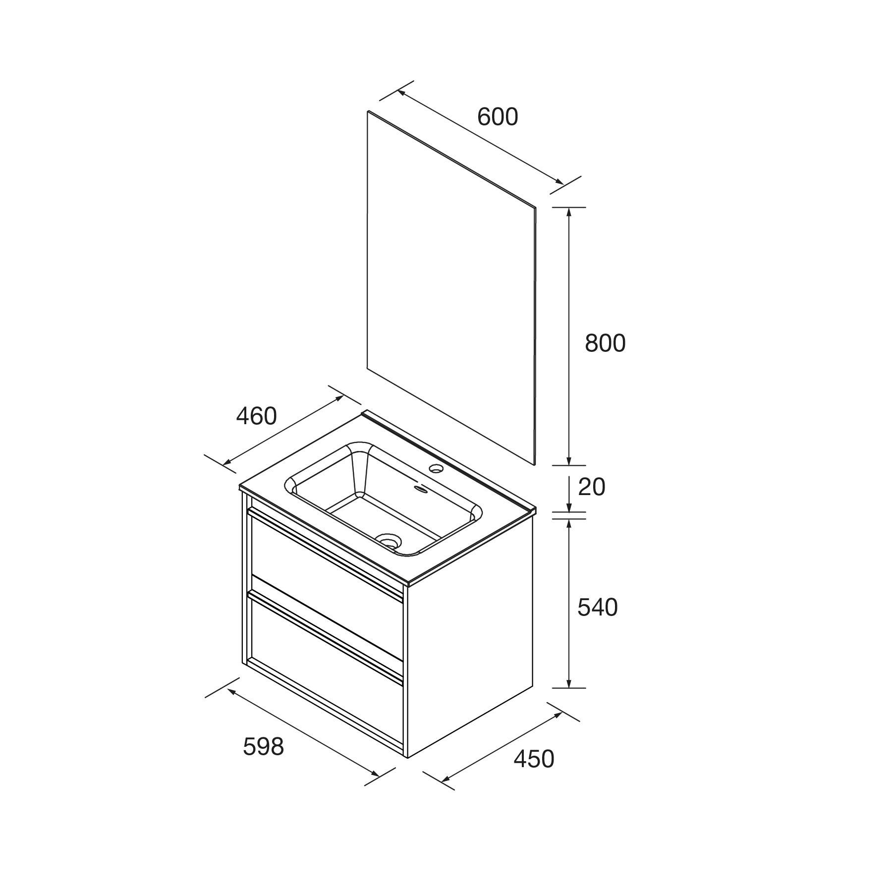 Waschtischunterschrank mit Waschbecken, dargestellt mit Maßen: 600 mm Höhe, 800 mm Breite für die Platte, 598 mm Breite und 450 mm Tiefe für die Unterschrankbasis.