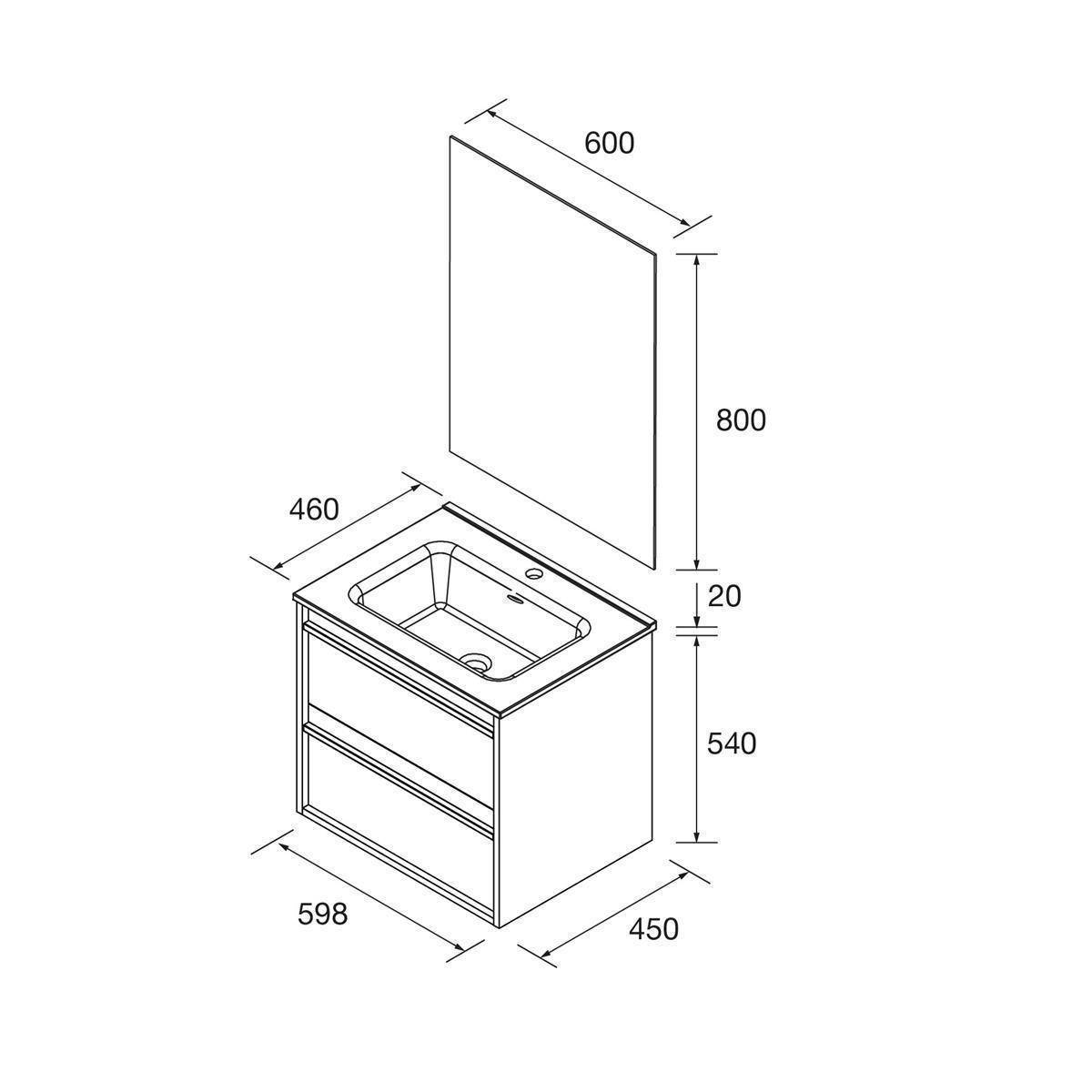 Explodierte Badezimmer-Waschtischdiagramm mit Waschbeckenschrank und Spiegel; Schrank mit den Maßen 598 x 450 x 540 mm, Spiegel 600 x 800 mm, mit 20 mm Abstand.