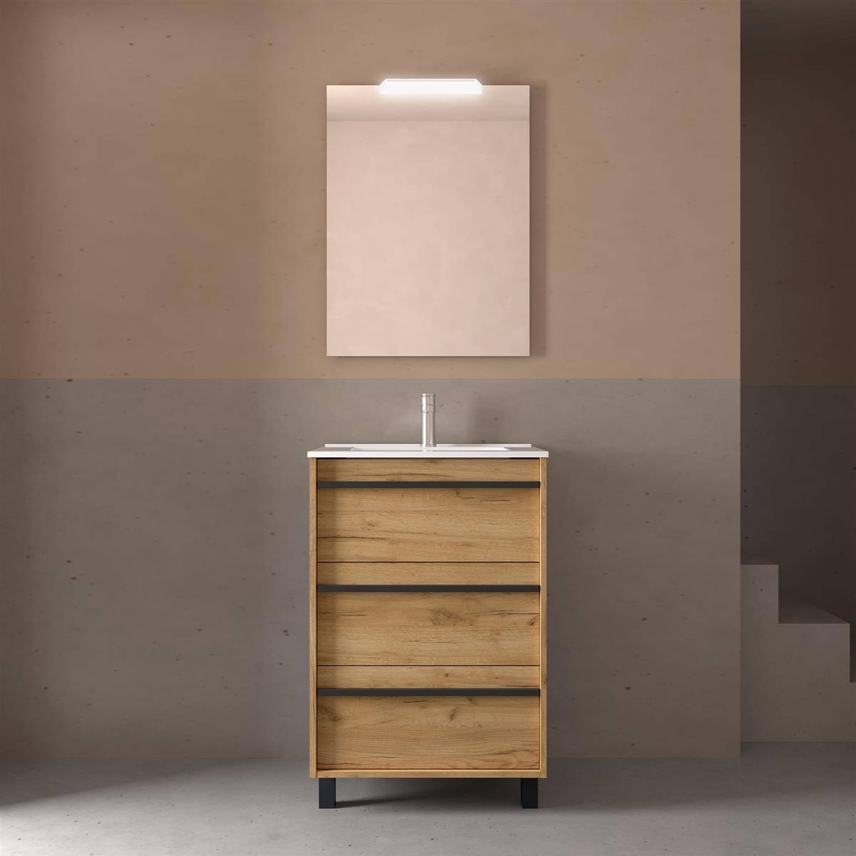 Modernes Badezimmerwaschtisch mit Waschbecken und Spiegel vor einer grauen Wand, mit hellem Holz-Schubladenschrank mit drei Schubladen und minimalistischem Design.