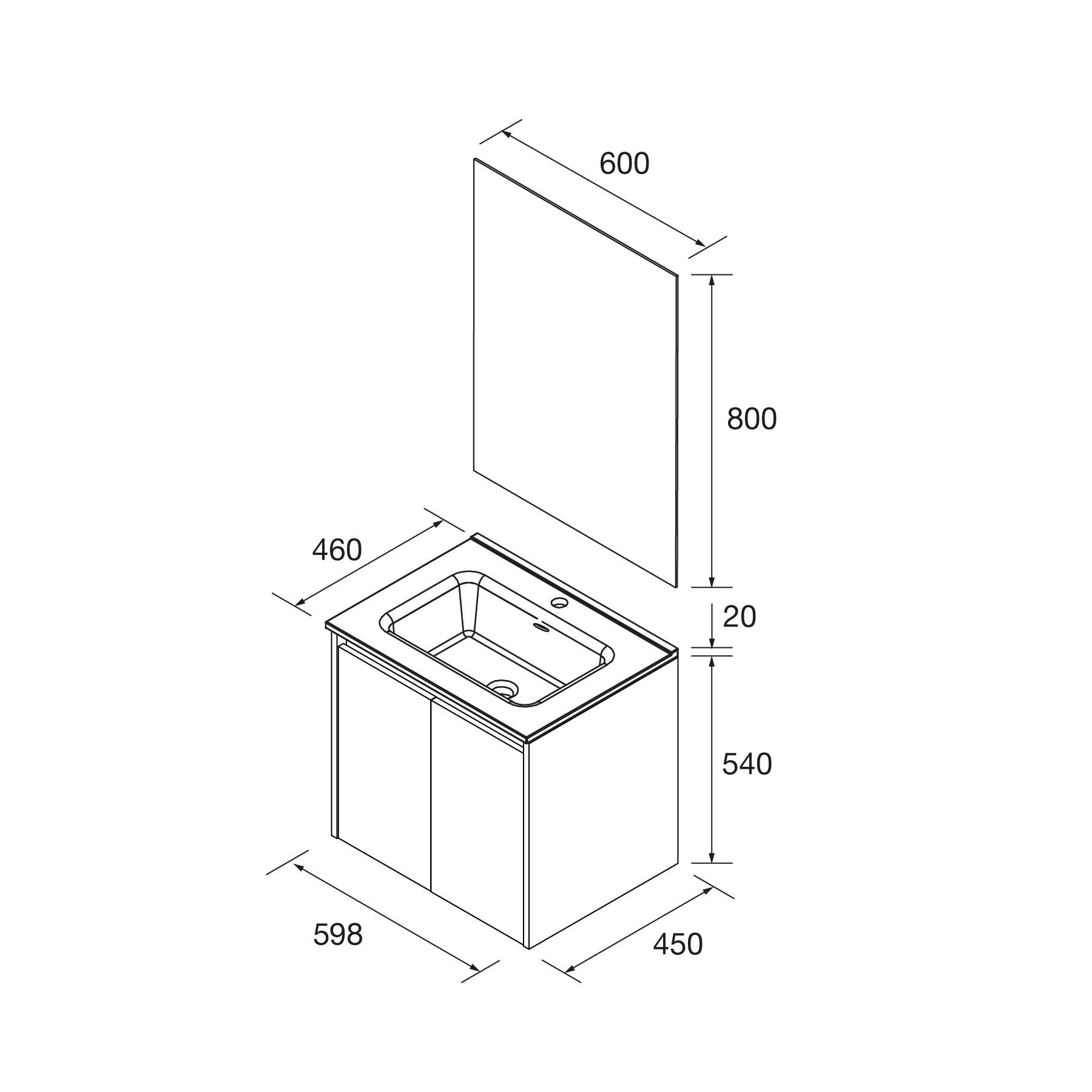 Schematische Darstellung eines wandmontierten Waschbeckens mit Unterschrank. Abmessungen: Spiegel 600x800 mm, Unterschrank 598x450x540 mm, Waschbeckentiefe 460 mm.