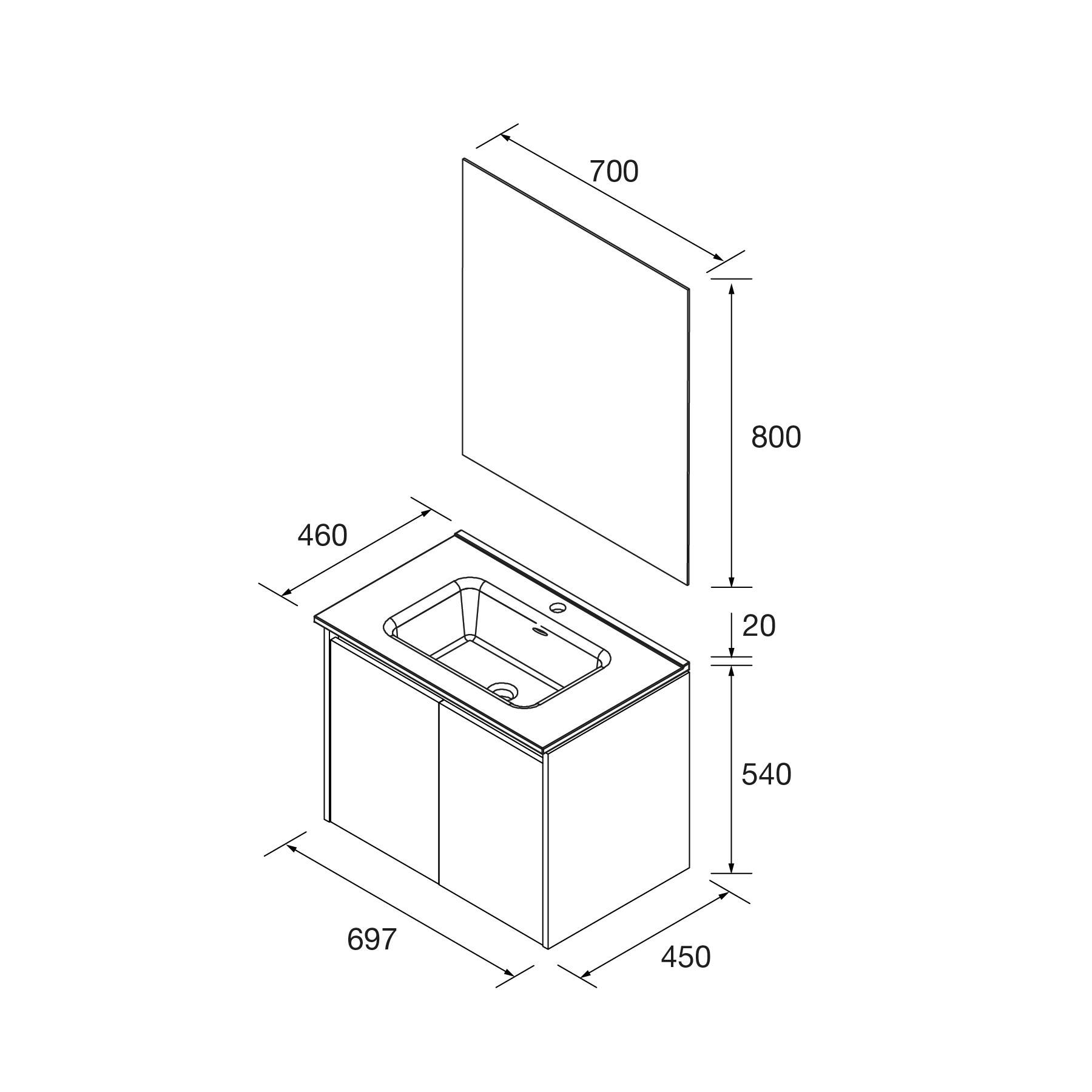 Diagramm eines rechteckigen Waschbeckens mit Abmessungen: Breite 697 mm, Tiefe 460 mm, Höhe 540 mm und Rückwand 700 mm breit und 800 mm hoch.