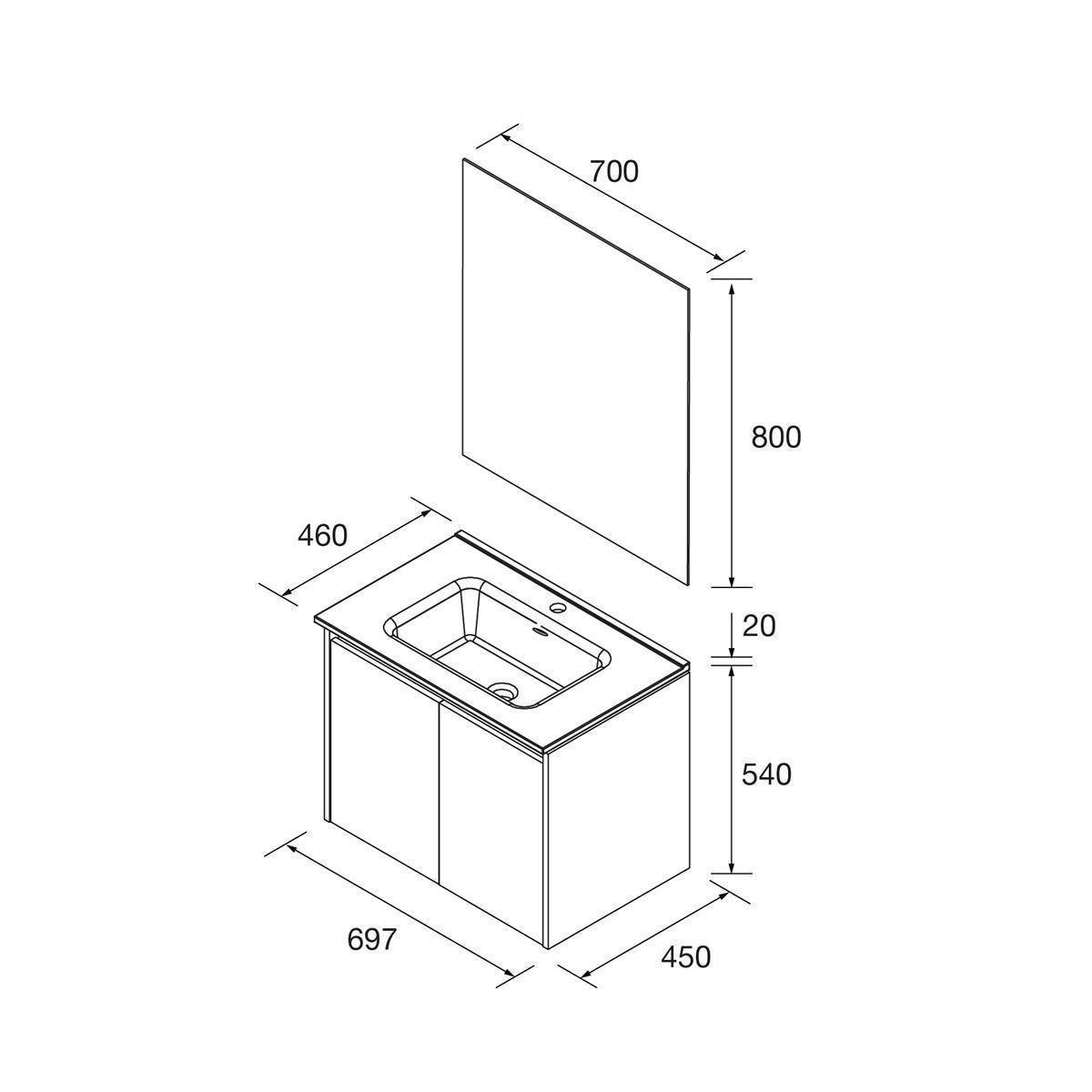 Technische Zeichnung eines wandmontierten Schranks mit Waschbecken und Spiegel mit den Abmessungen: Spiegel 700 x 800, Schrank 697 x 450 x 540, Arbeitsplattentiefe 460, und 20 mm Spalt.