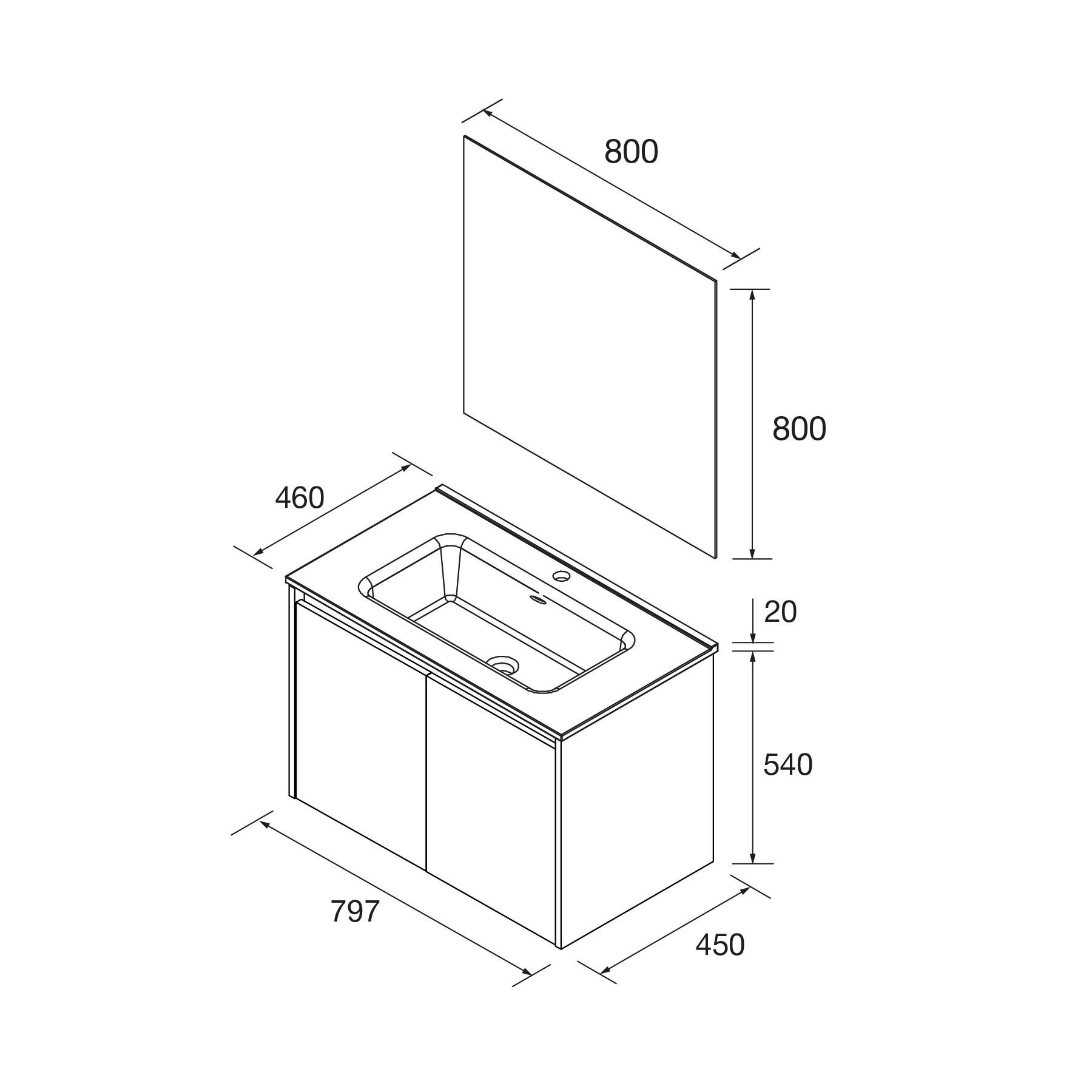 Zeichnung einer Waschtischunterschrank-Einheit mit Waschbecken, Maßangaben: Waschtischbreite 797 mm, Tiefe 450 mm, Höhe 540 mm; Spiegelgröße 800x800 mm.