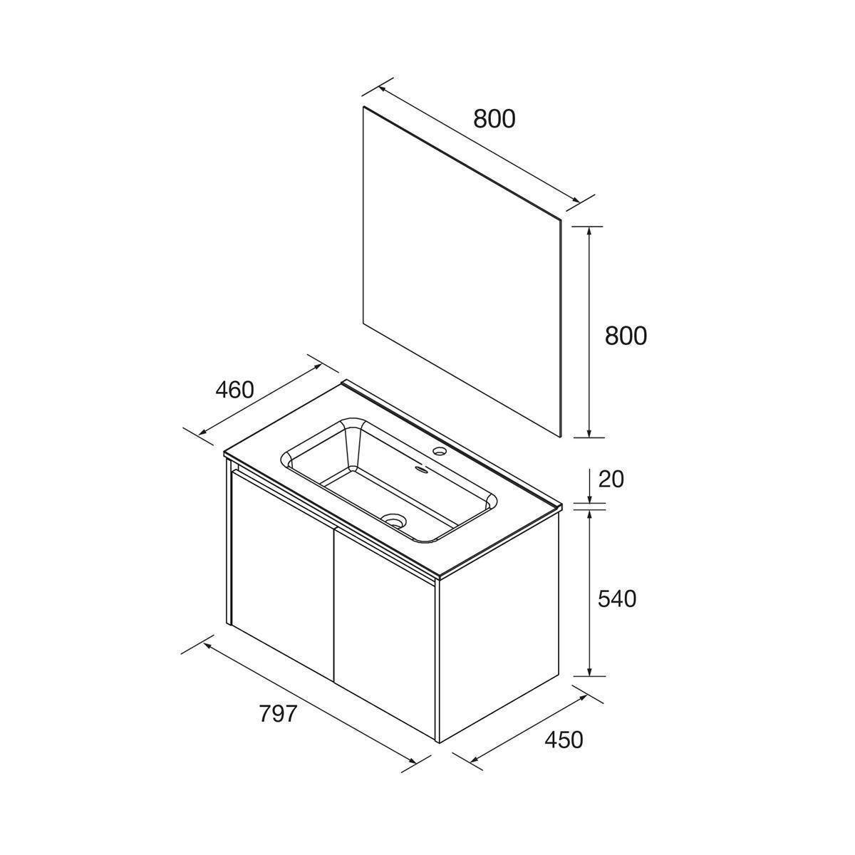 Technische Zeichnung eines Badezimmerwaschtischs mit Waschbecken und Spiegelpanel, mit den Abmessungen 797 x 450 x 540 mm und einem 800 x 800 mm Spiegel.
