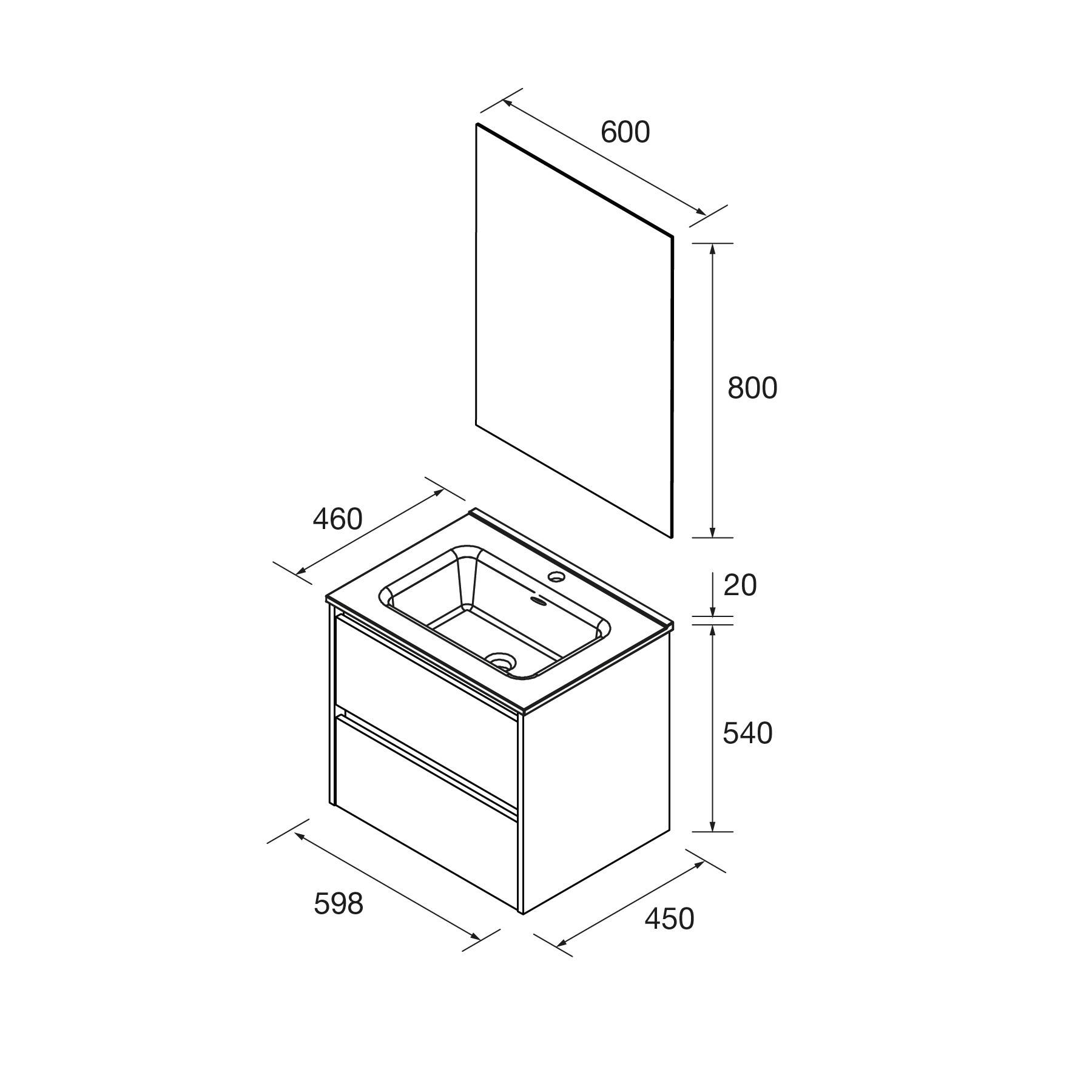 Eine Linienzeichnung eines Badezimmer-Waschtischs mit Waschbecken, die die Abmessungen zeigt: 600x800 mm Spiegel; Schrank mit 598x800x450 mm und 540 mm Schubladenhöhe.