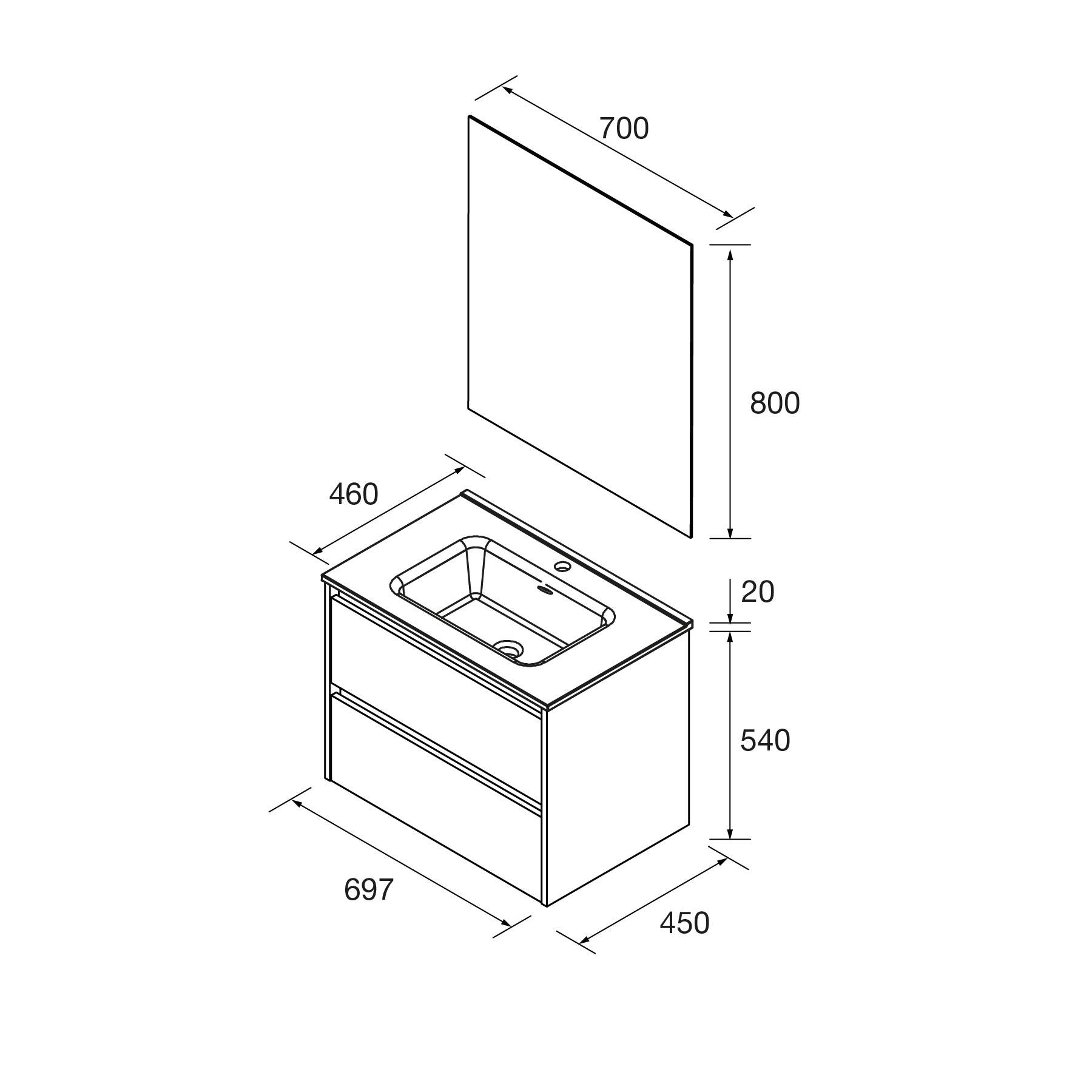 Technische Zeichnung eines Badezimmer-Waschbeckenschranks. Maße: Spiegel 700x800 mm, Schrank 697x540x450 mm, mit 460 mm Tiefe und 20 mm Arbeitsplatte.