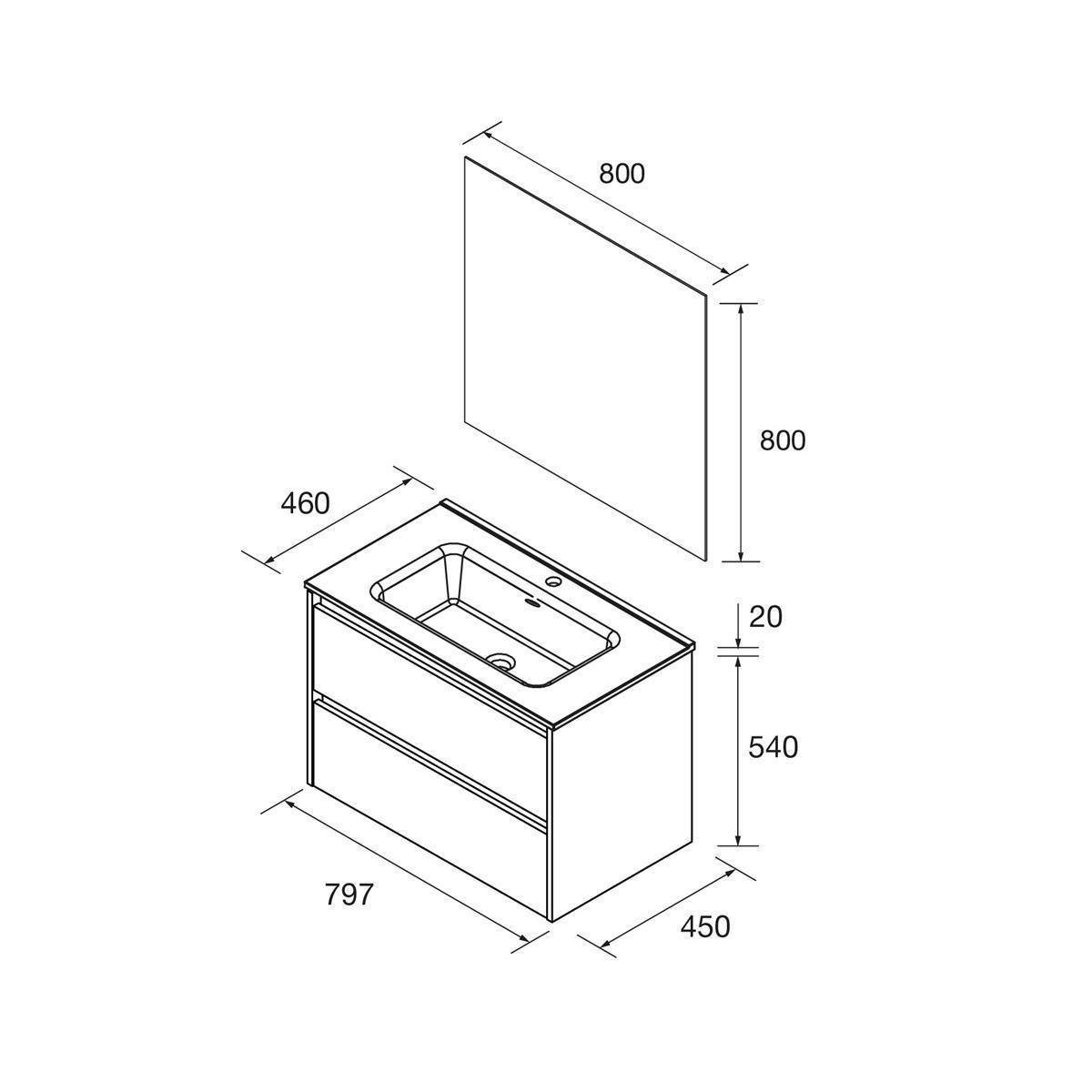Technische Zeichnung eines Badezimmerschranks mit Waschbecken und Spiegel; Schrank misst 797 x 450 x 540 mm, Spiegel 800 x 800 mm.
