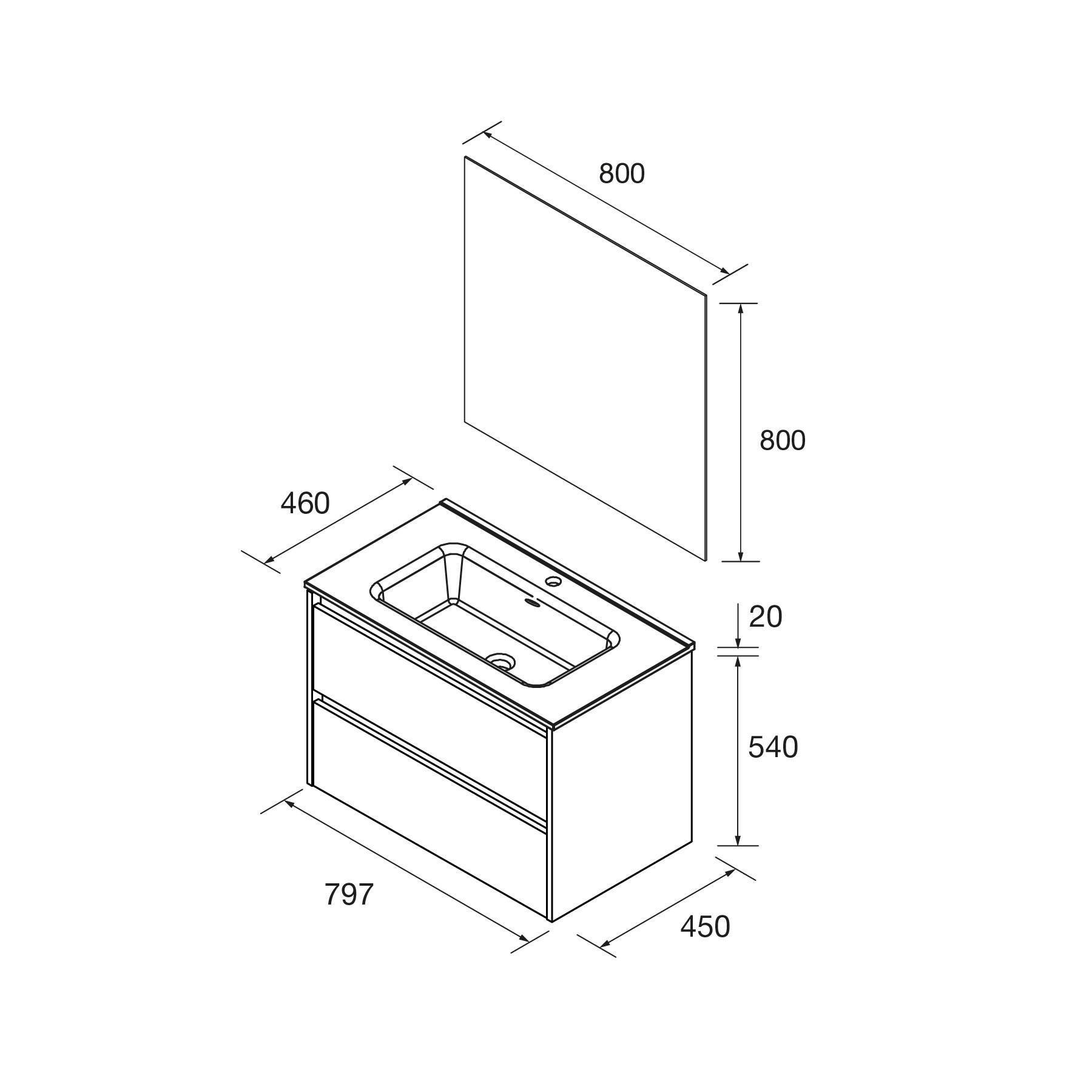 Waschtischunterschrank mit Maßen: 797 mm breit, 540 mm hoch, 450 mm tief. Inklusive Waschbecken und zwei Schubladen. Spiegel mit Maßen: 800 mm x 800 mm.
