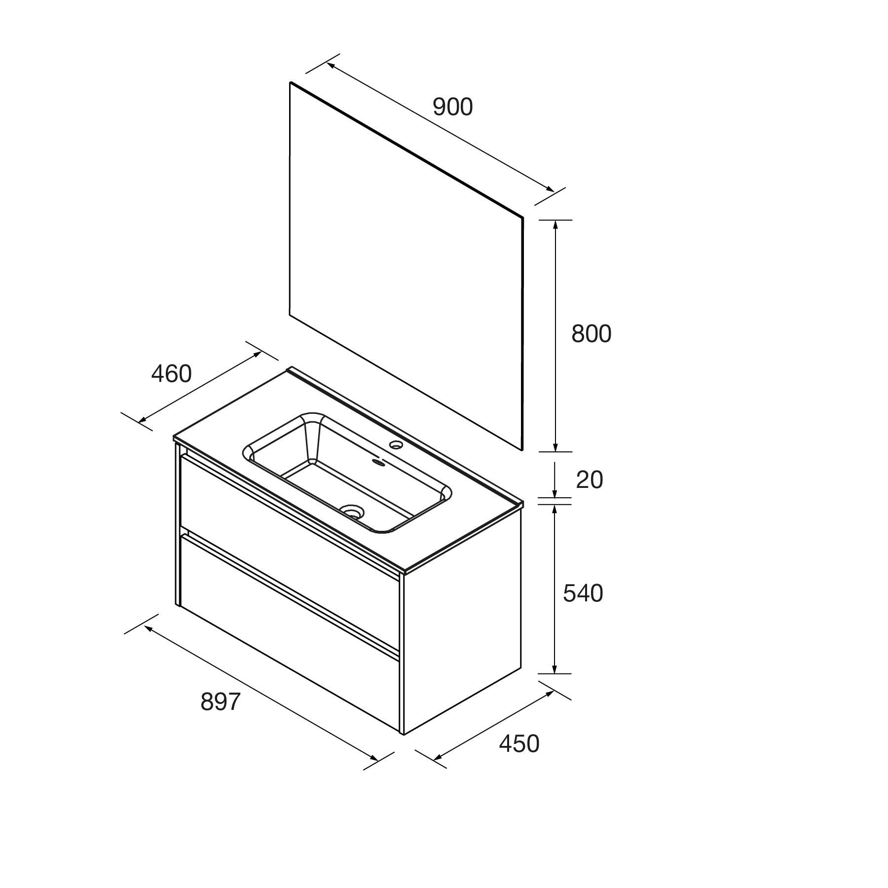 Technische Zeichnung eines Badezimmer-Waschtischs mit Maßangaben: Breite 900 mm, Höhe 800 mm, Tiefe 460 mm; Spiegelbreite 897 mm, Höhe 450 mm.