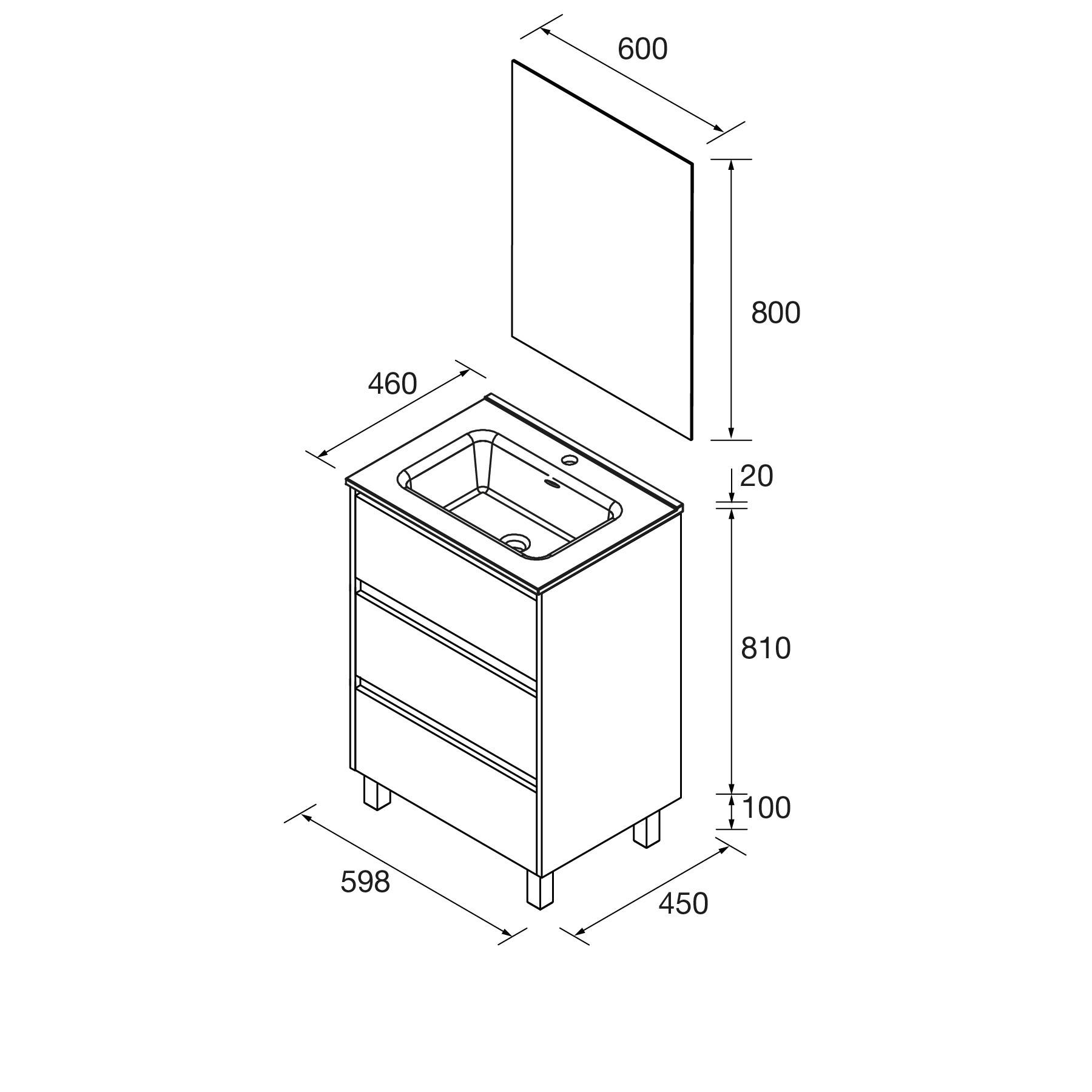 Technische Zeichnung Badezimmer-Waschtischunterschrank mit Maßen: Spiegel 600x800mm, Unterschrank 598x810x450mm. Inklusive Waschbecken und zwei Schubladen.