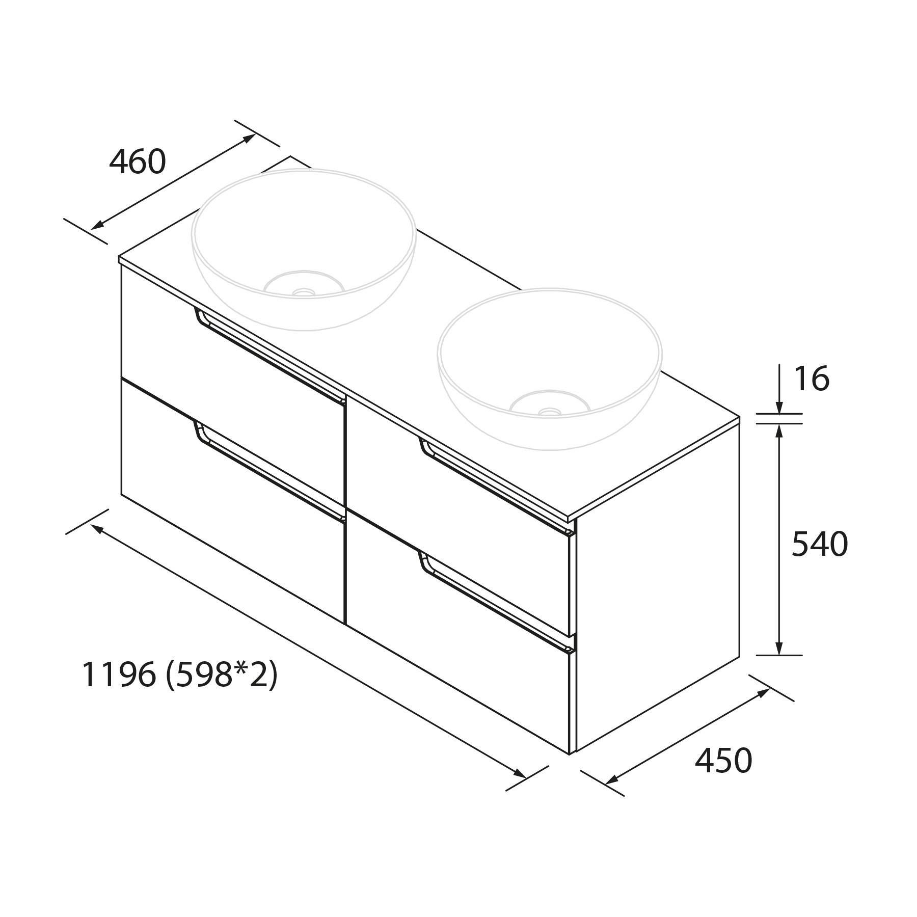 „Diagramm einer Doppelwaschtischanlage mit aufgesetzten Waschbecken, mit Maßangaben: 1196 Breite, 540 Höhe, 450 Tiefe und 460 Becken-Höhe.