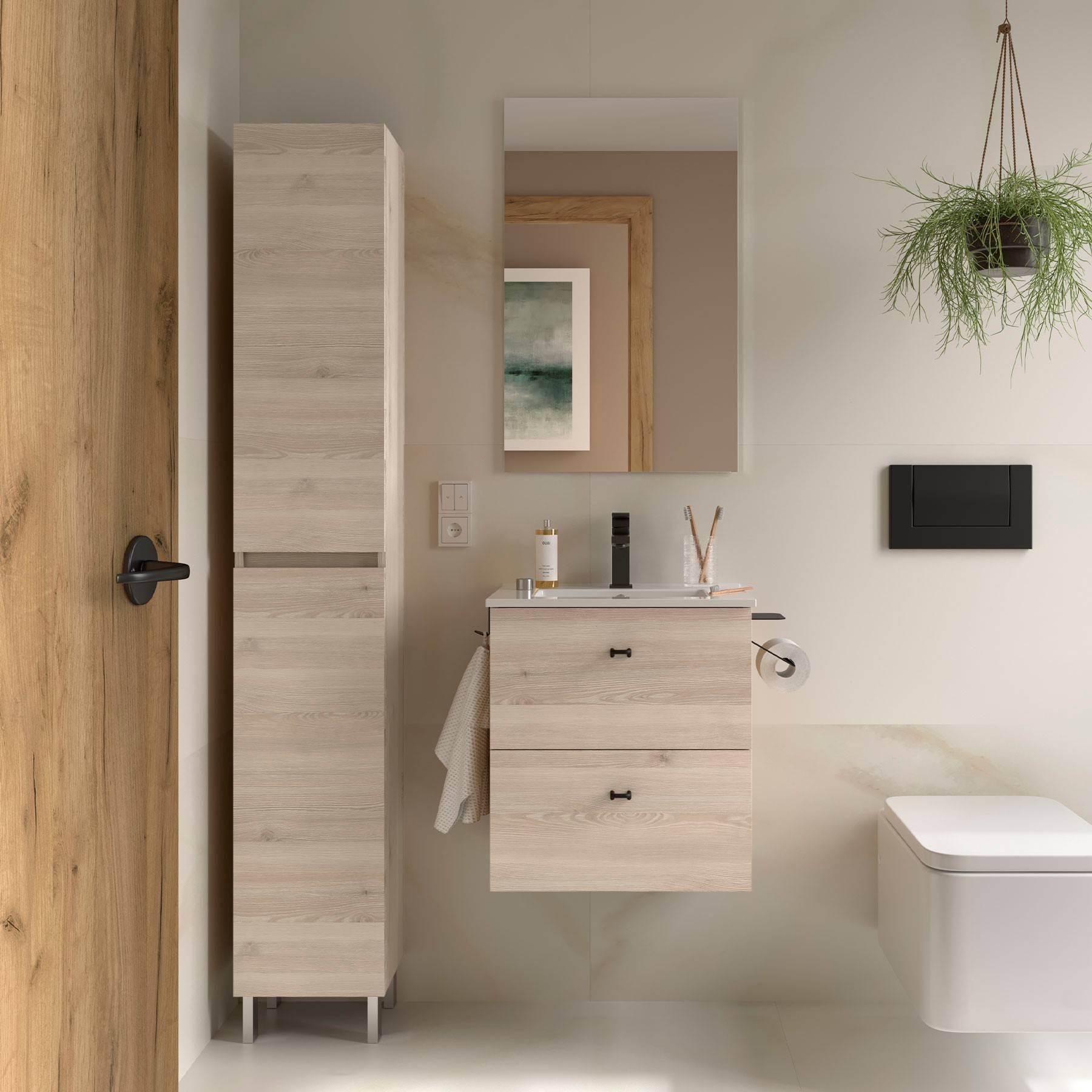 Ein modernes Badezimmer mit Schränken aus hellem Holz, einer wandmontierten Waschgelegenheit, einer Toilette und einer hängenden Pflanze. Ein gerahmtes Bild ist an der Wand zu sehen.