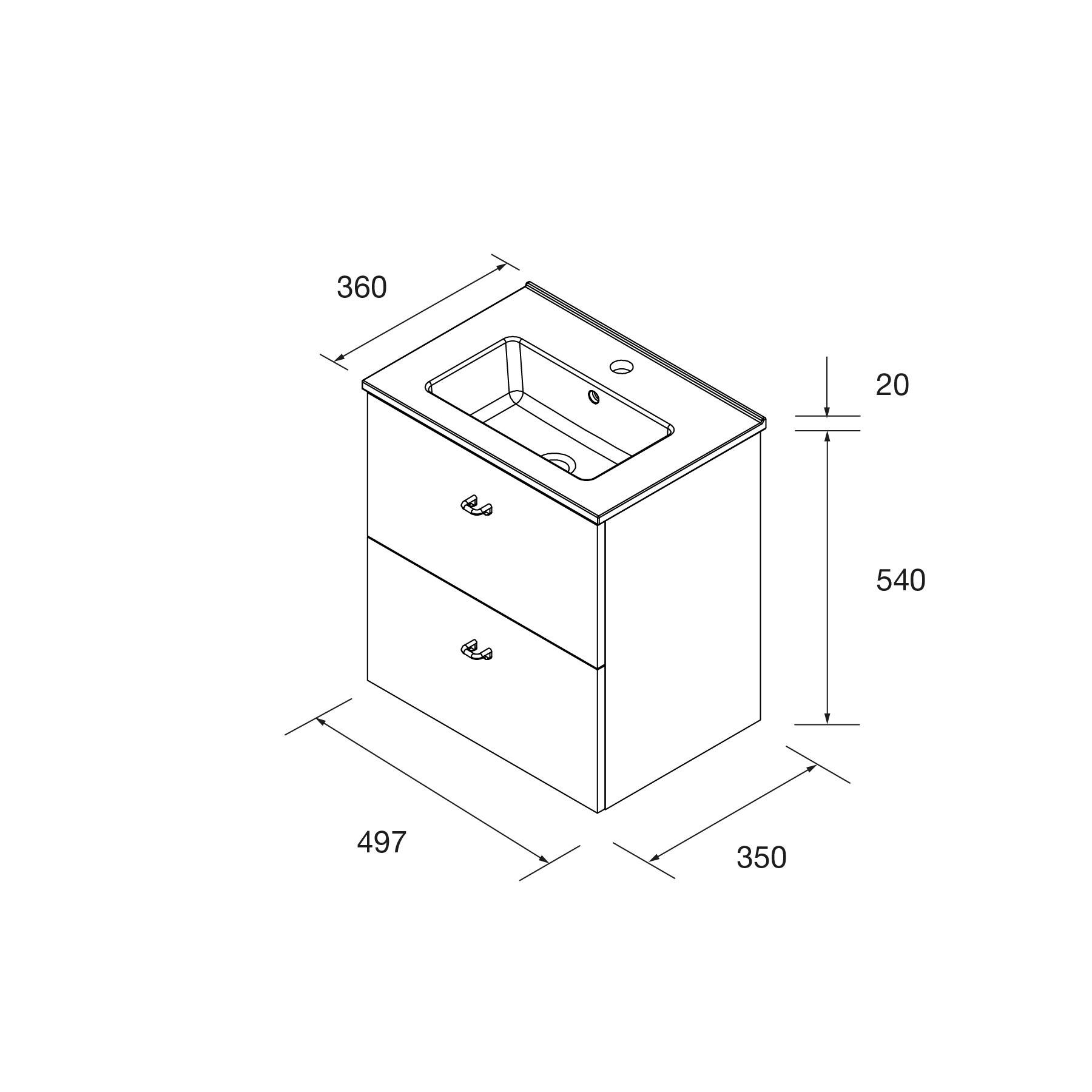 Eine Linienzeichnung eines Badezimmer-Waschtischs mit Waschbecken, mit Abmessungen: 360 mm Breite, 350 mm Tiefe, 540 mm Höhe, mit zwei Schubladen.
