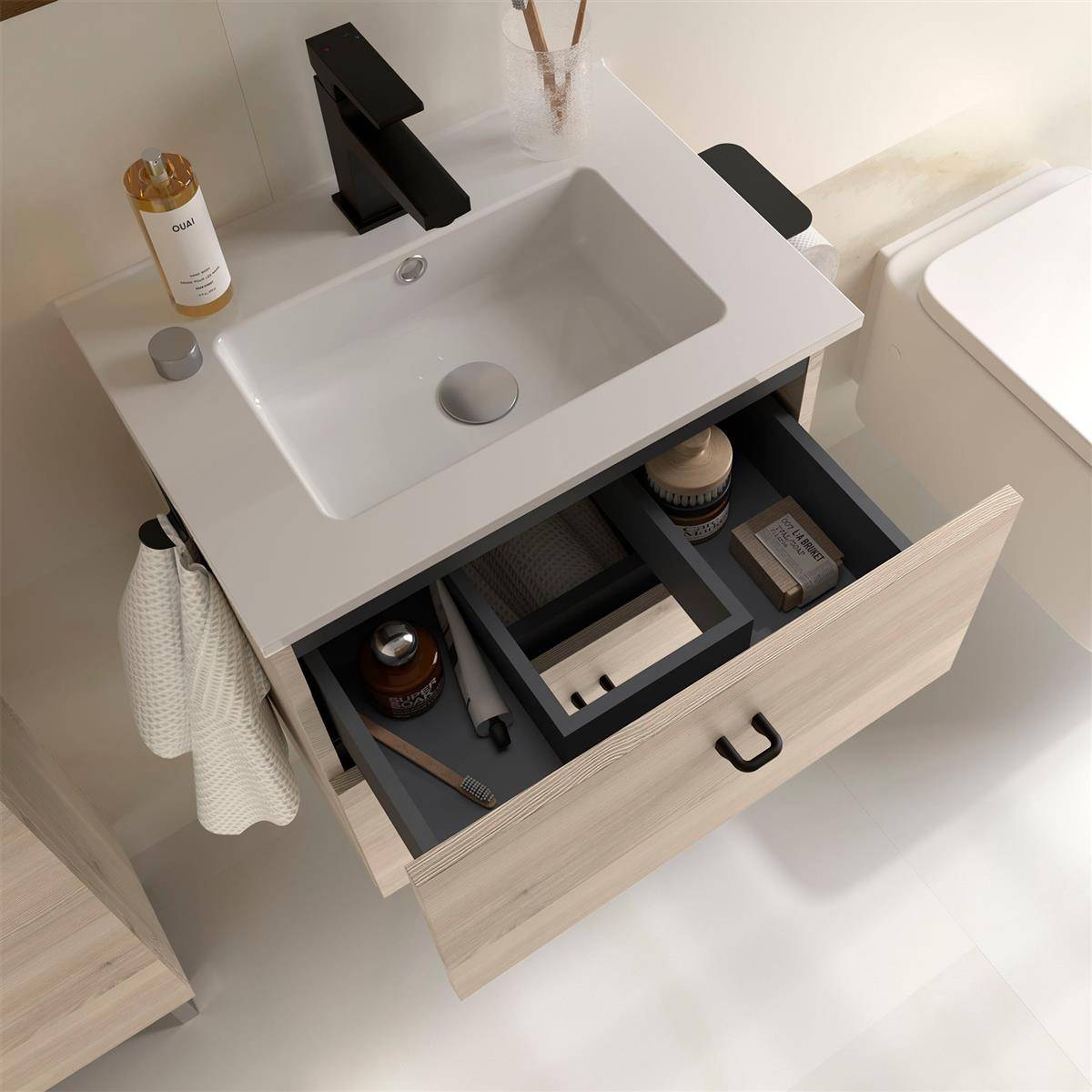 Badmeubel INARA 500, compacte diepte, 2 lades NATURAL + Wastafel