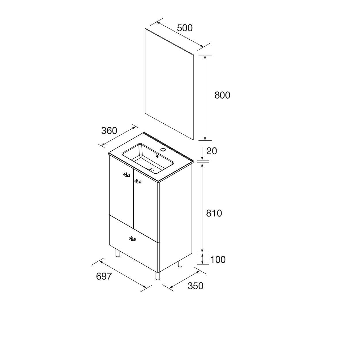 Explodierte Badezimmerwaschbeckendiagramm mit Spiegel, zeigt Abmessungen: Spiegel 500 x 800, Schrank 697 x 350 x 810, Oberfläche Höhe 20, Beine 100.