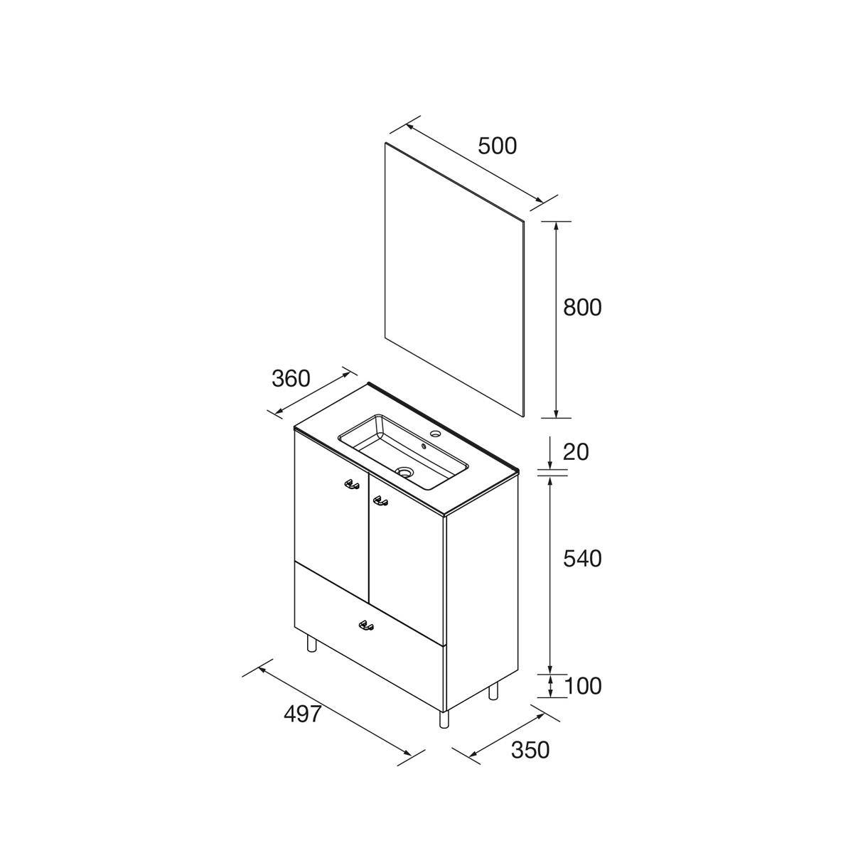 Dimensioniertes Badezimmerwaschtisch mit Spiegel: Schrank 497x350x640 mm, Waschtischplatte 360 mm tief, Spiegel 500x800 mm darüber.
