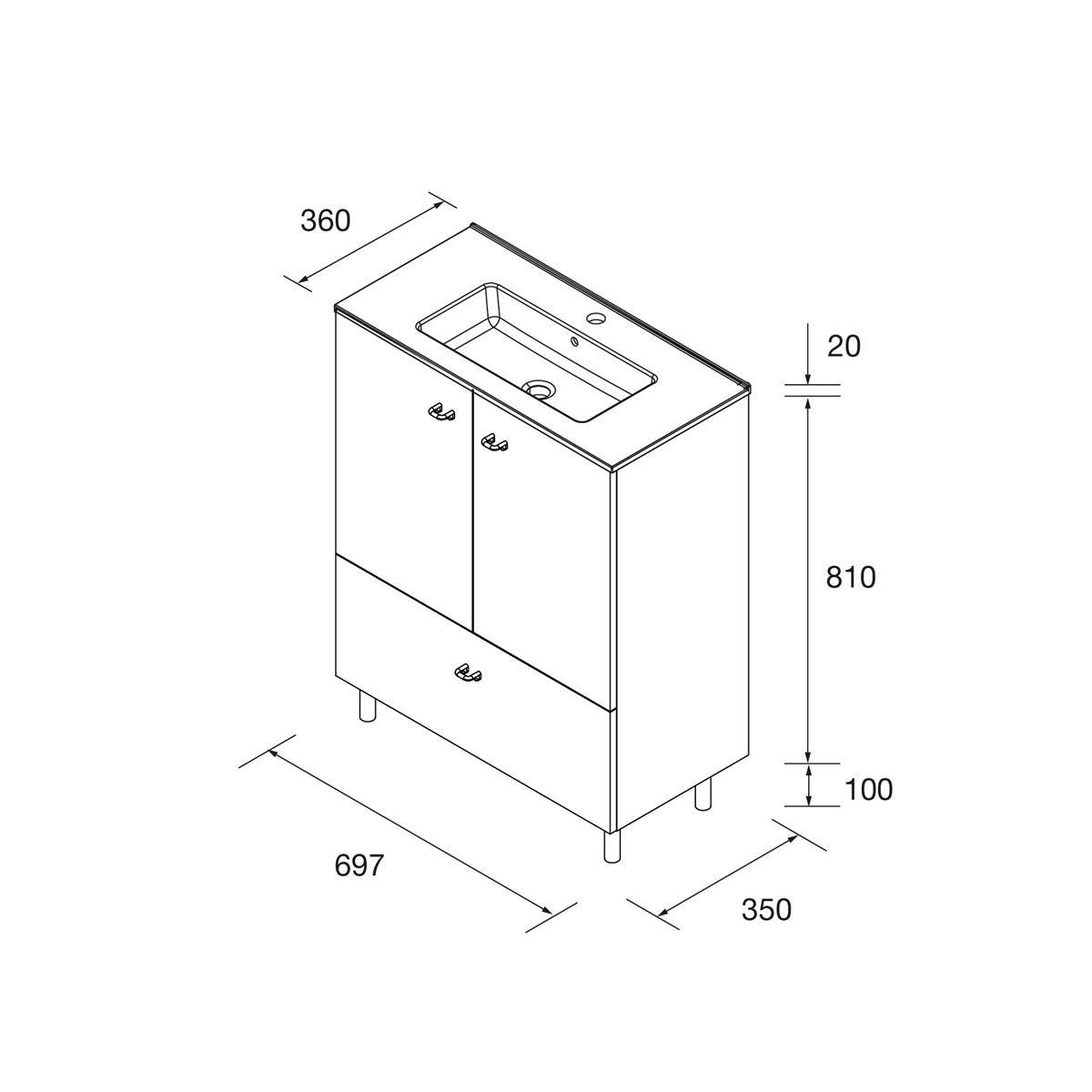 Technische Zeichnung eines Badezimmer-Waschtischunterschranks mit Waschbeckentop, mit Abmessungen 697 x 350 x 810 mm, plus 20 mm Oberfläche und 100 mm Beine.