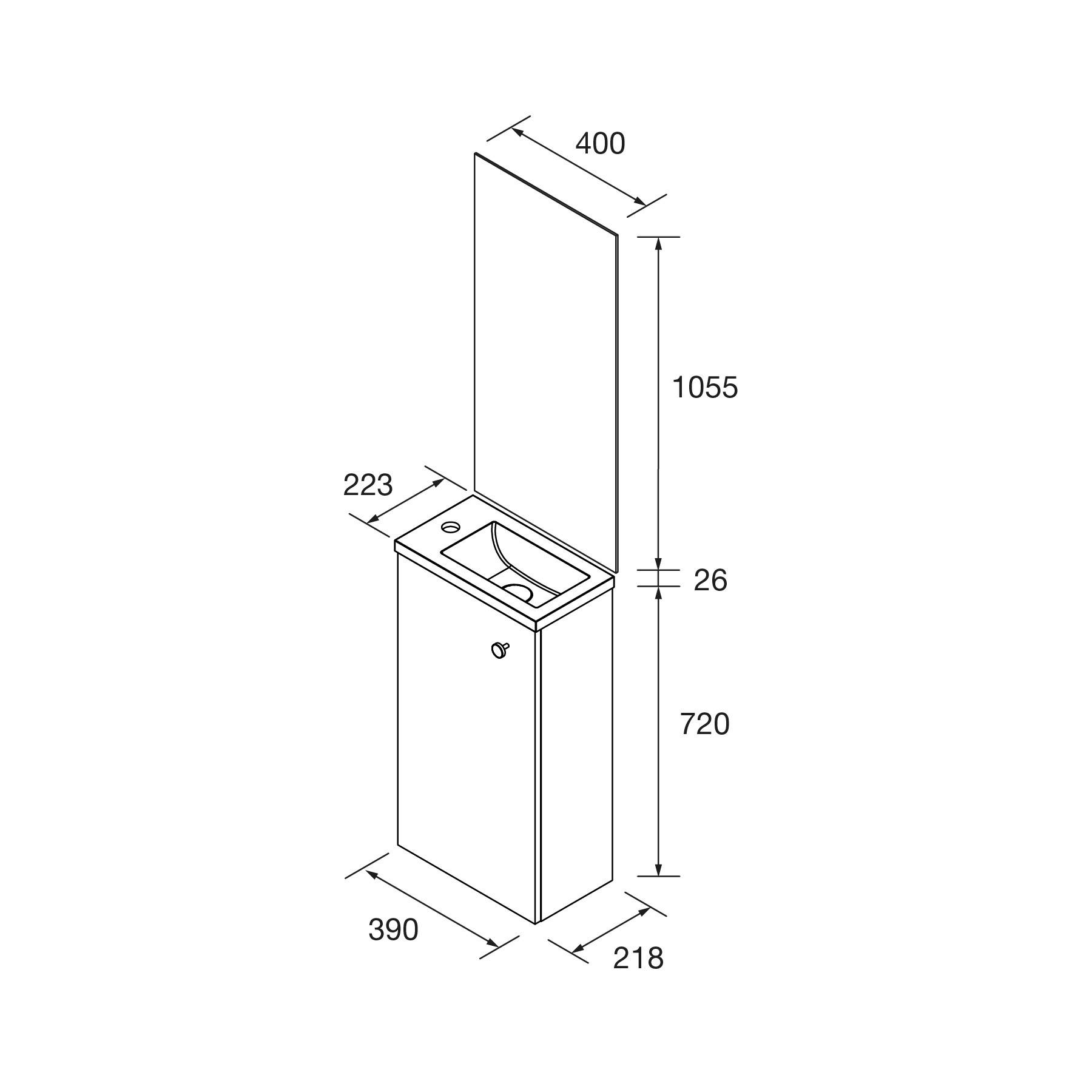 Diagramm einer hohen rechteckigen Einheit mit den Abmessungen: 400 mm Breite, 1055 mm Höhe, 223 mm Tiefe. Ausgestattet mit einem Stauraum.