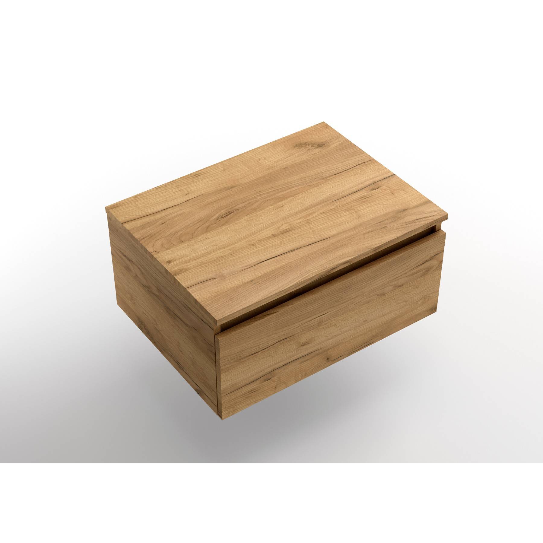 Wandmontierte Holzschublade mit minimalistischem Design, versehen mit einer glatten Oberfläche und rechteckiger Form, isoliert auf weißem Hintergrund.