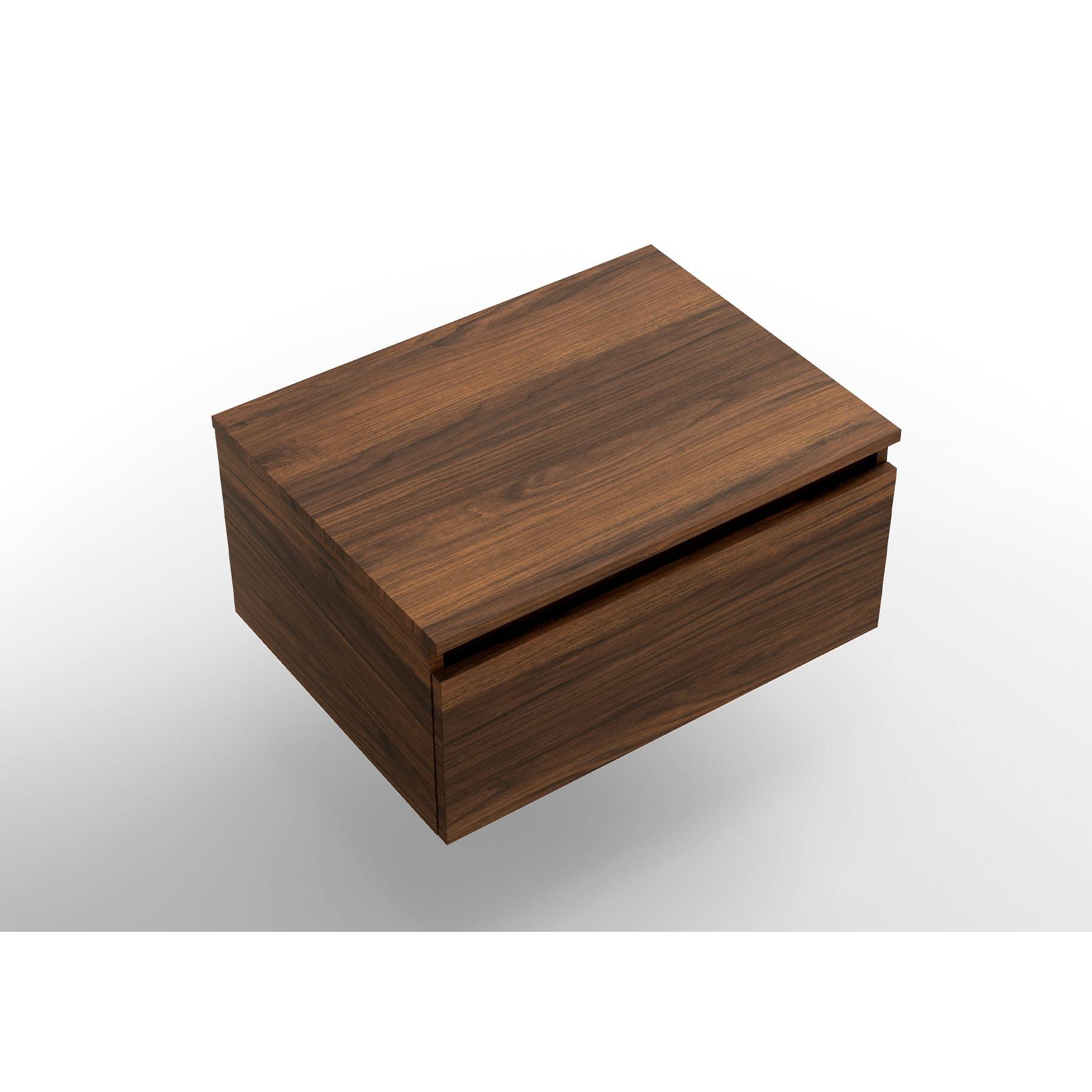 Ein schwebender Holznachttisch mit glatter Oberfläche und einer einzelnen Schublade, aus einem leicht erhöhten Winkel gegen einen schlichten Hintergrund fotografiert.