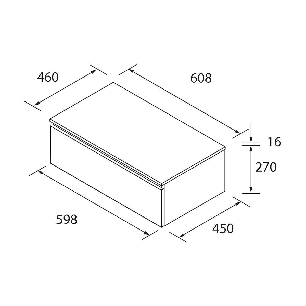 Maßstabgerechte Linienzeichnung einer rechteckigen Box: 608 x 460 x 270 mm Gesamtabmessungen, mit 16 mm oberer Wandstärke und 598 x 450 mm Grundfläche.