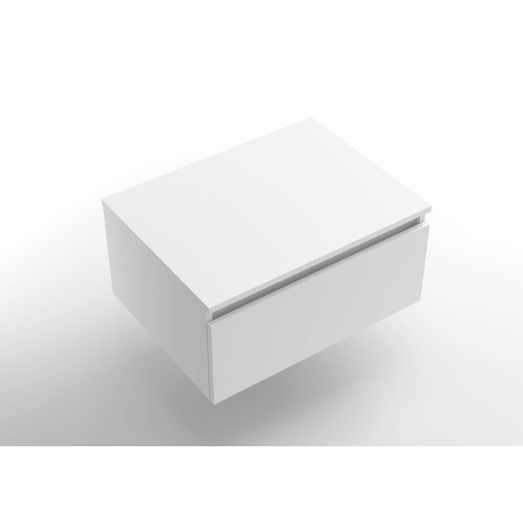Eine moderne weiße rechteckige wandmontierte Schublade mit minimalistischem Design und flacher Oberfläche, die vor einem weißen Hintergrund zu schweben scheint.