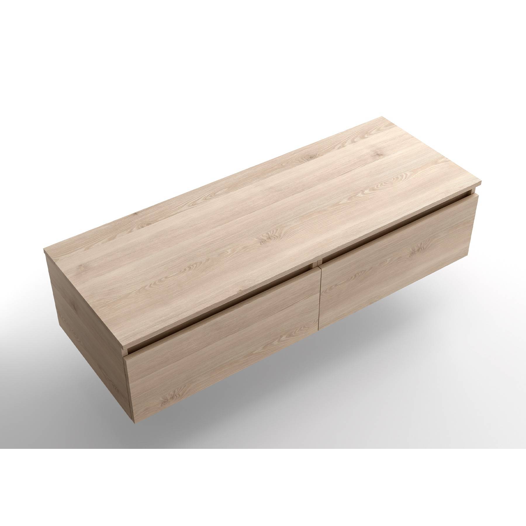 Ein minimalistisches Sideboard aus hellem Holz mit zwei Schubladen, konzipiert für moderne Innenräume. Es verfügt über eine glatte Oberfläche und dezente Holzmaserungsmuster.