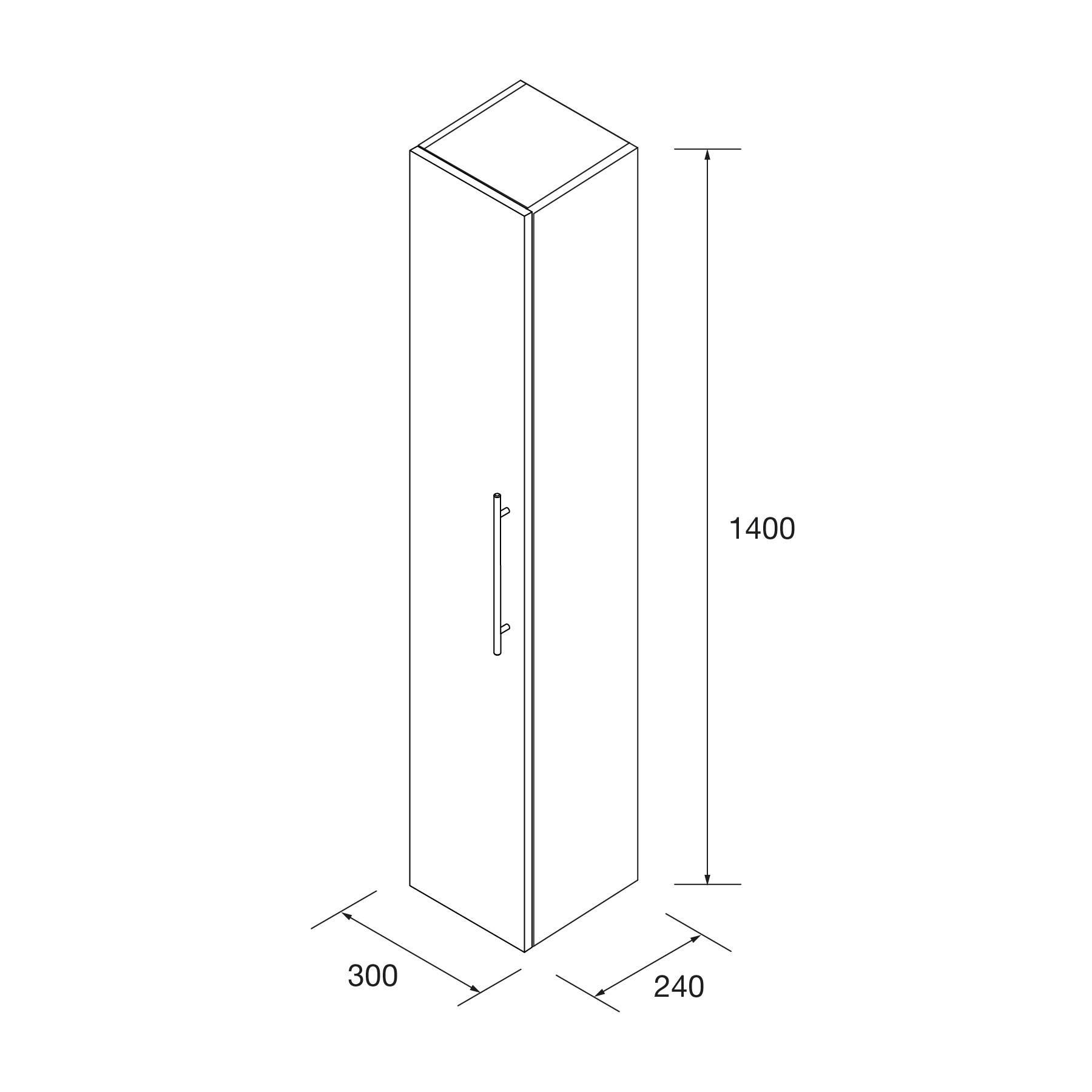 Hoher rechteckiger Schrank mit einer Tür, Abmessungen beschriftet: Höhe 1400 mm, Breite 300 mm, Tiefe 240 mm.