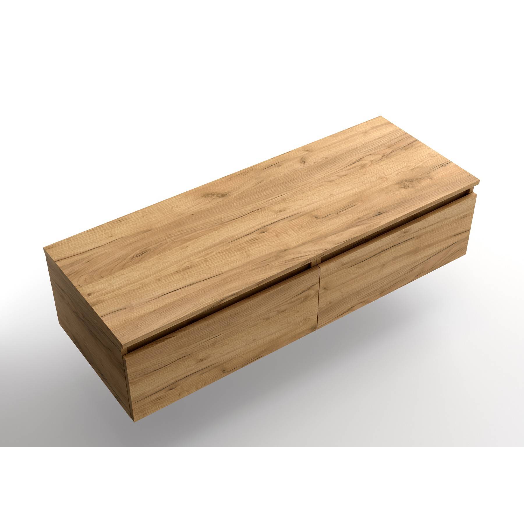 Ein rechteckiger, hölzerner TV-Schrank mit natürlicher Oberfläche, ausgestattet mit zwei langen Schubladen ohne Griffe, aus einer schrägen Perspektive betrachtet.