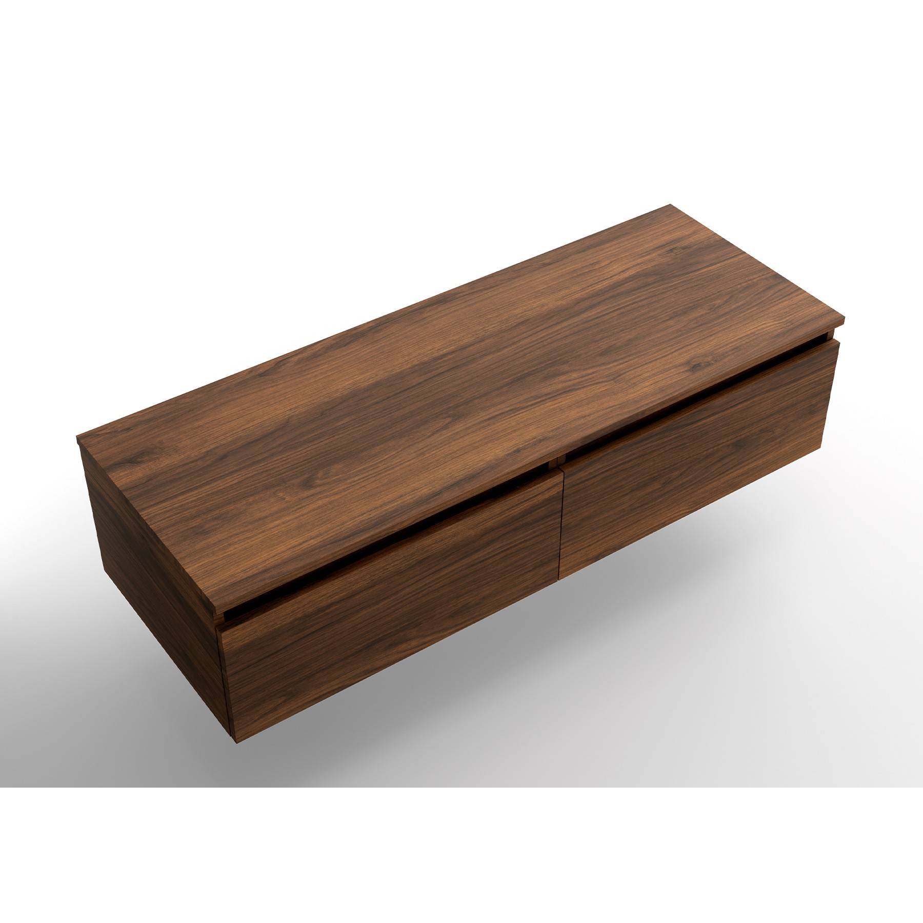 Ein rechteckiger, hölzerner TV-Wandhalter mit glatter Oberfläche und zwei vorderen Schubladen, an der Wand montiert, aus einem Winkel betrachtet.