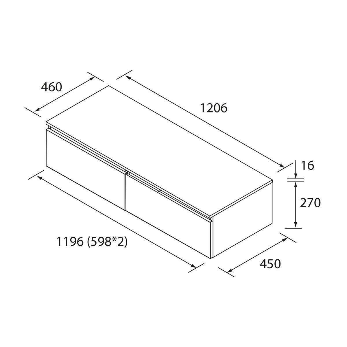 Maßstabszeichnung eines rechteckigen Schranks oder einer Box mit den Abmessungen 1206 x 460 x 270 mm, mit einer oberen Dickenwandstärke von 16 mm und einer unteren Dimension von 1196 (598*2) mm.