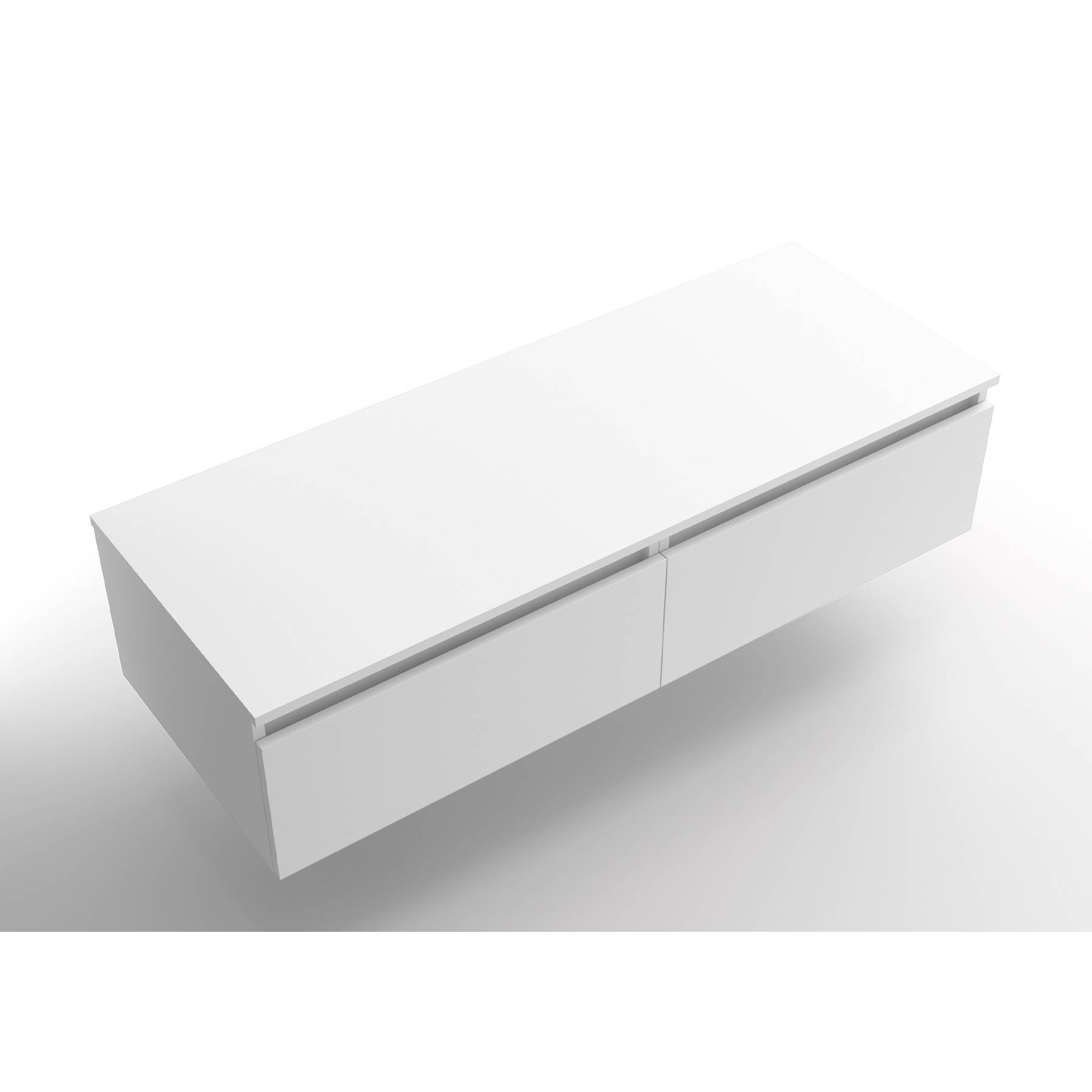 Ein minimalistischer, wandmontierter Schrank in Weiß mit zwei Schubladen, konzipiert für moderne Innenräume.