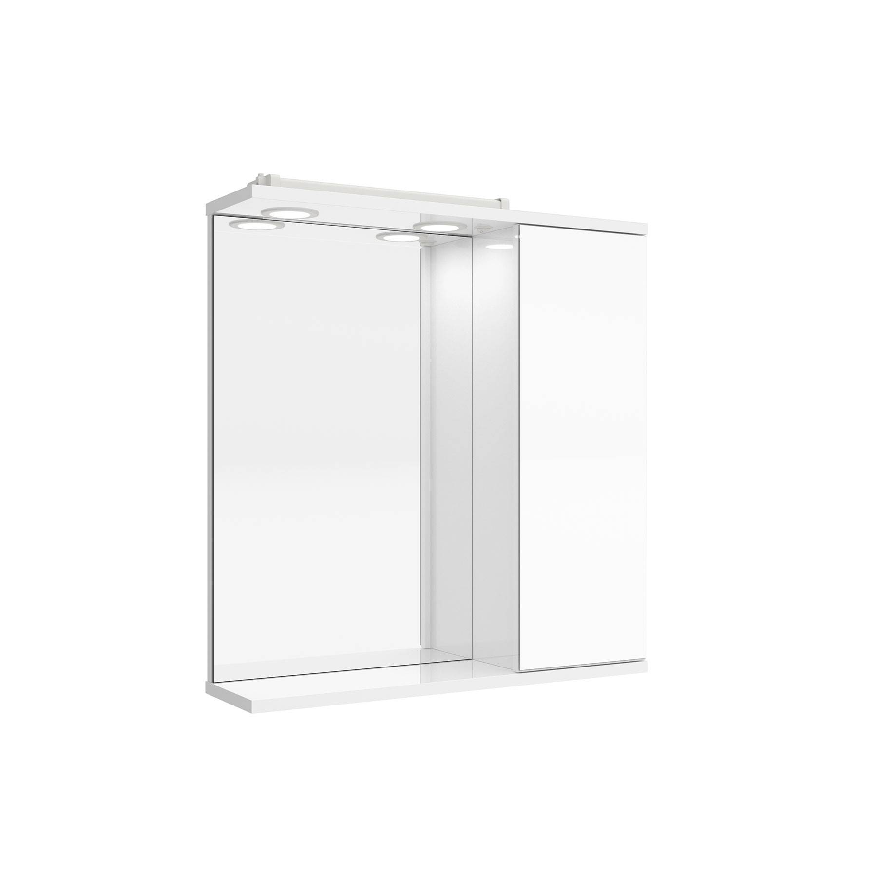 Weißer rechteckiger Badezimmerspiegelschrank mit zwei runden Leuchten oben; verfügt über eine Ablagefläche an den Seiten.