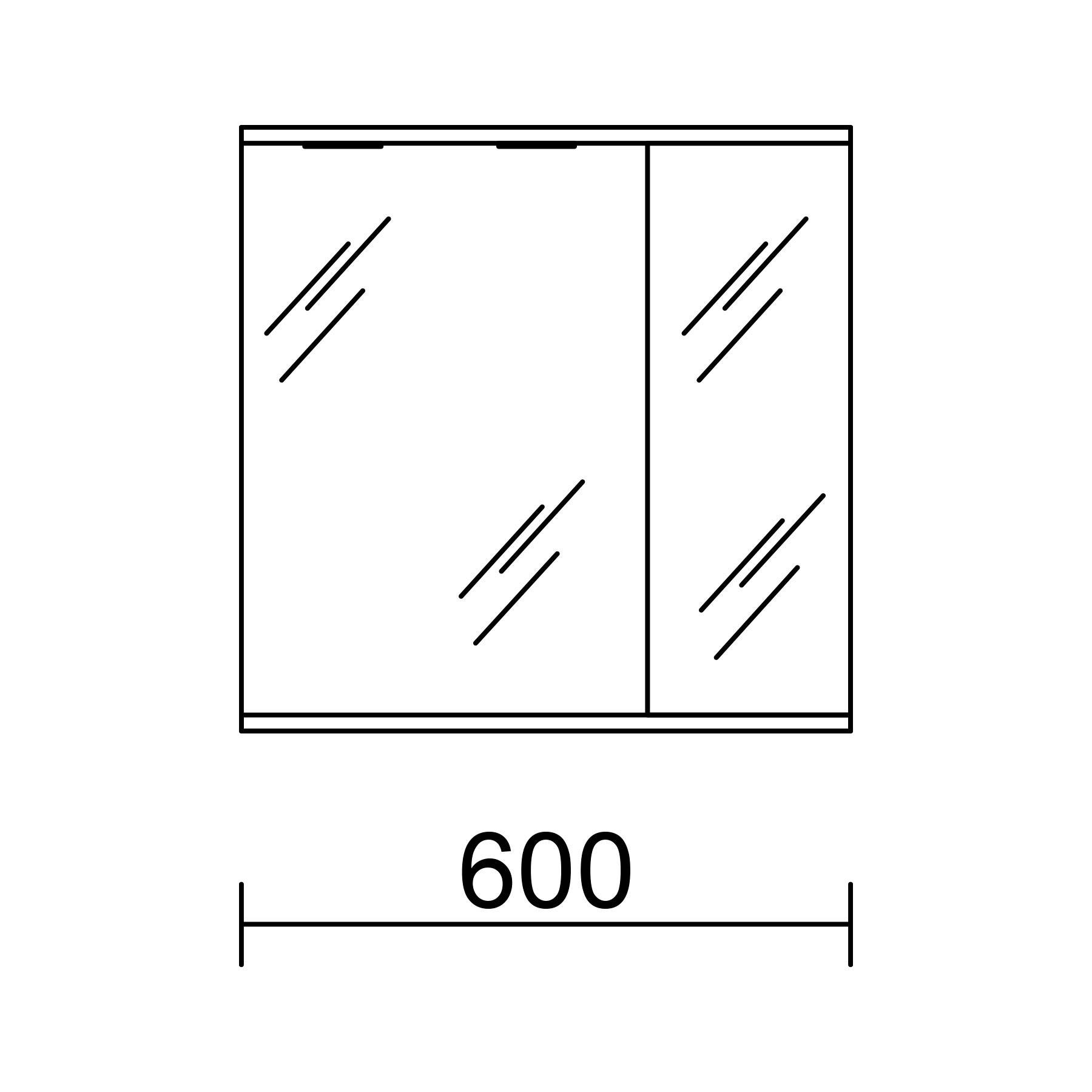 Linienzeichnung eines rechteckigen Spiegels mit zwei Abschnitten, wobei ein Abschnitt breiter als der andere ist. Darunter die Zahl '600', die die Breite in Millimetern angibt.