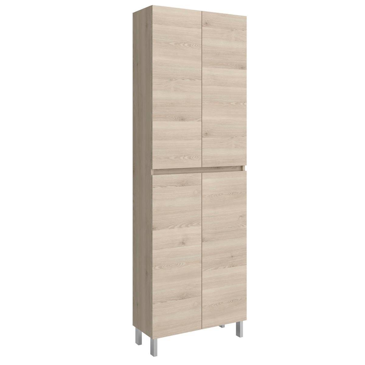 Hoher Schrank aus hellem Holz mit zwei oberen und zwei unteren Türen auf schlanken Metallbeinen, vor weißem Hintergrund dargestellt.