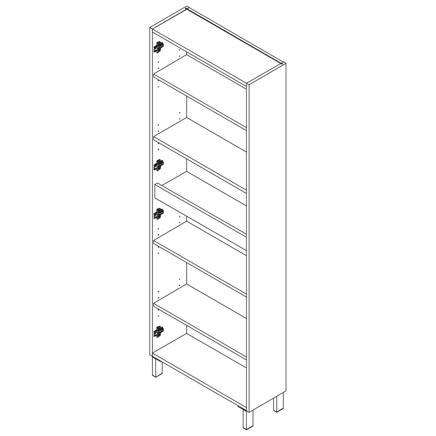 Ein hoher, schlanker Bücherregal mit fünf verstellbaren Regalen und Knöpfen an beiden Seiten, konzipiert für organisierte Aufbewahrung in schmalen Räumen.